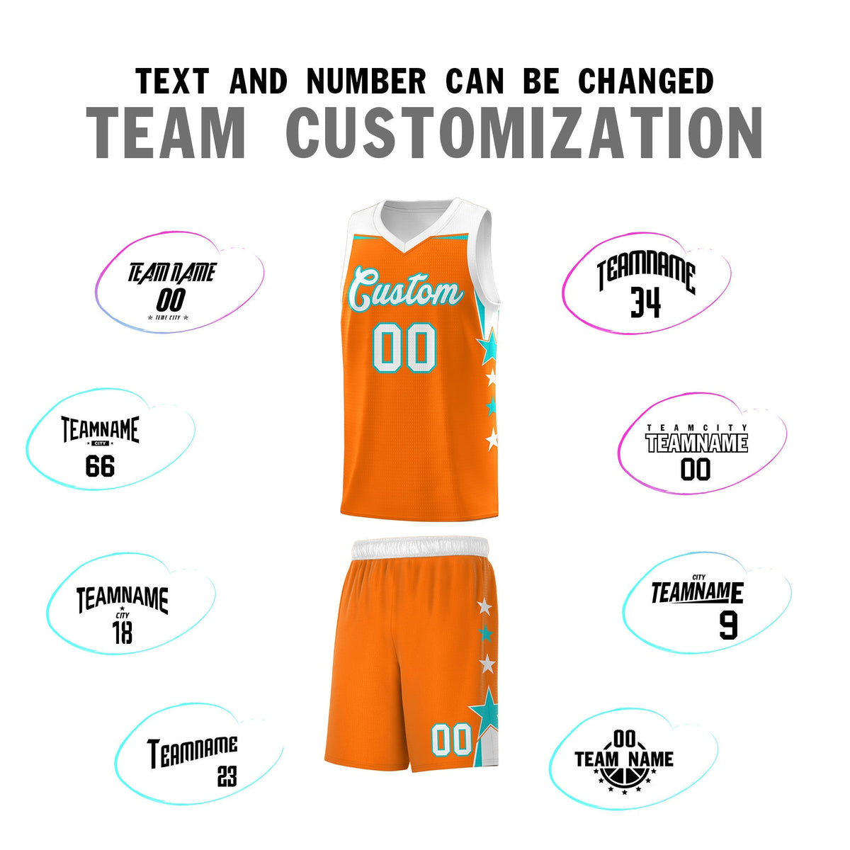 Custom Youth Basketball Uniform Orange White Two Tone Side Star Add Name Number &amp; Logo