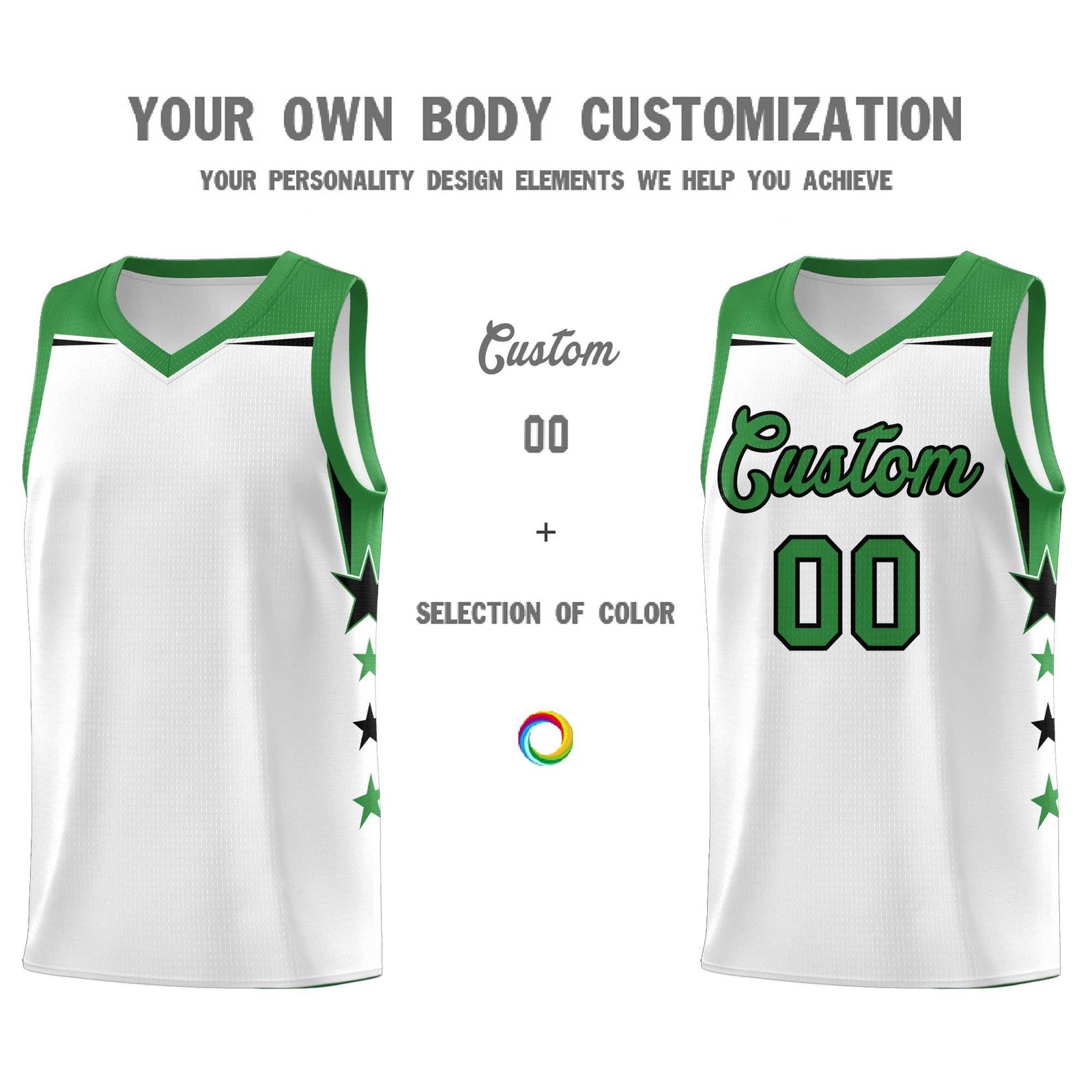 Custom Youth Basketball Uniform White Kelly Green Two Tone Side Star Color Block Team Jersey
