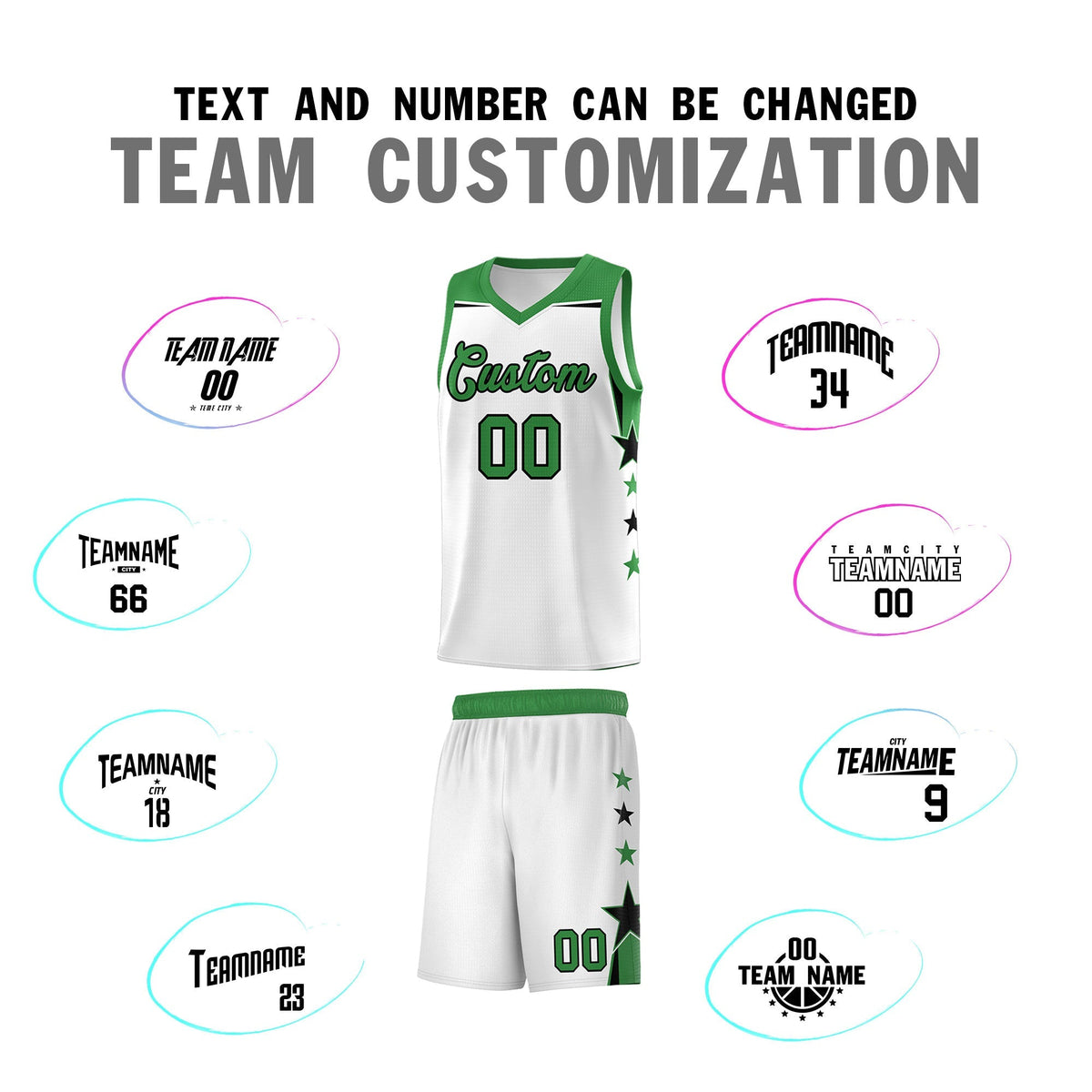 Custom Youth Basketball Uniform White Kelly Green Two Tone Side Star Color Block Team Jersey
