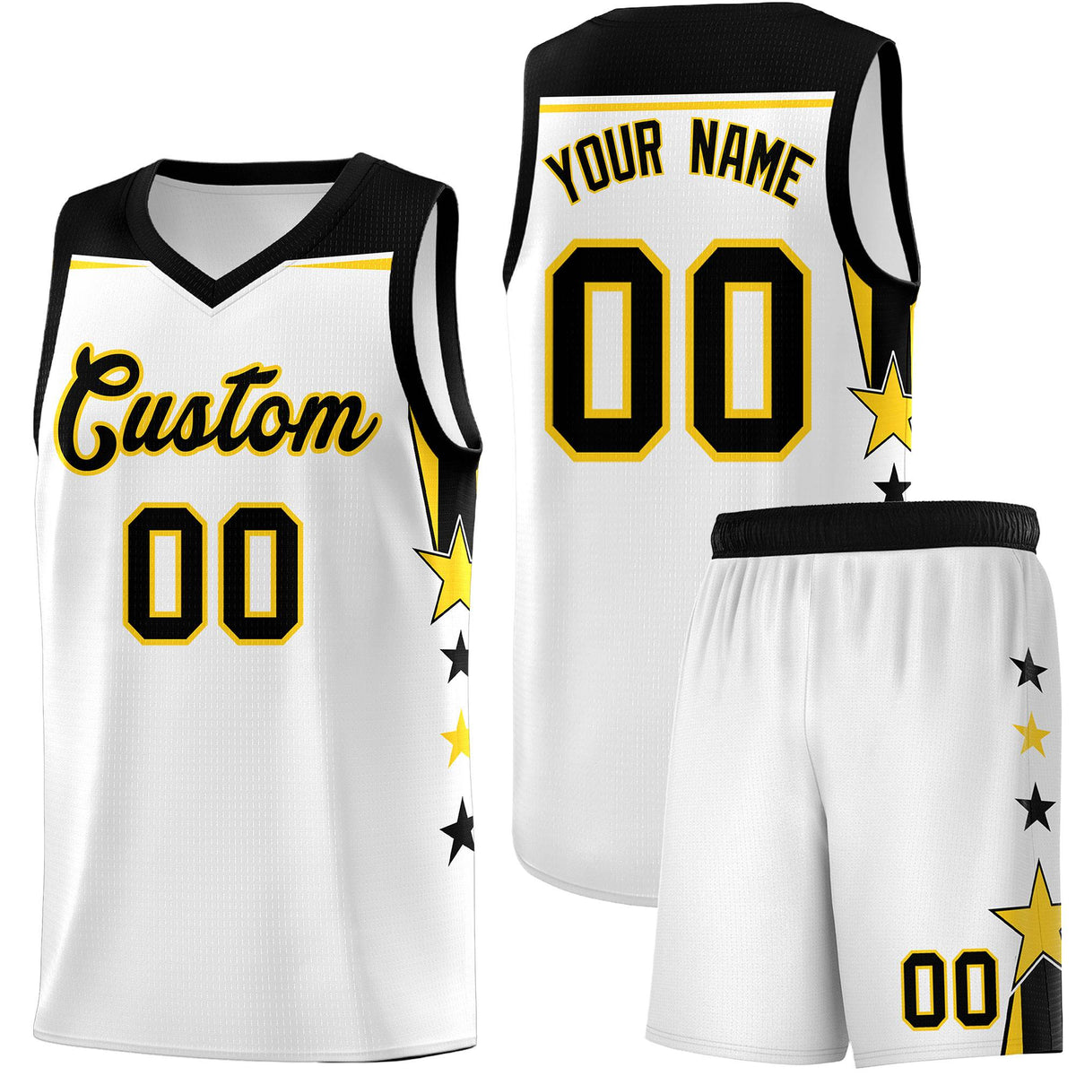 Custom Youth Basketball Uniform White Black Two Tone Side Star Color Block Team Jersey