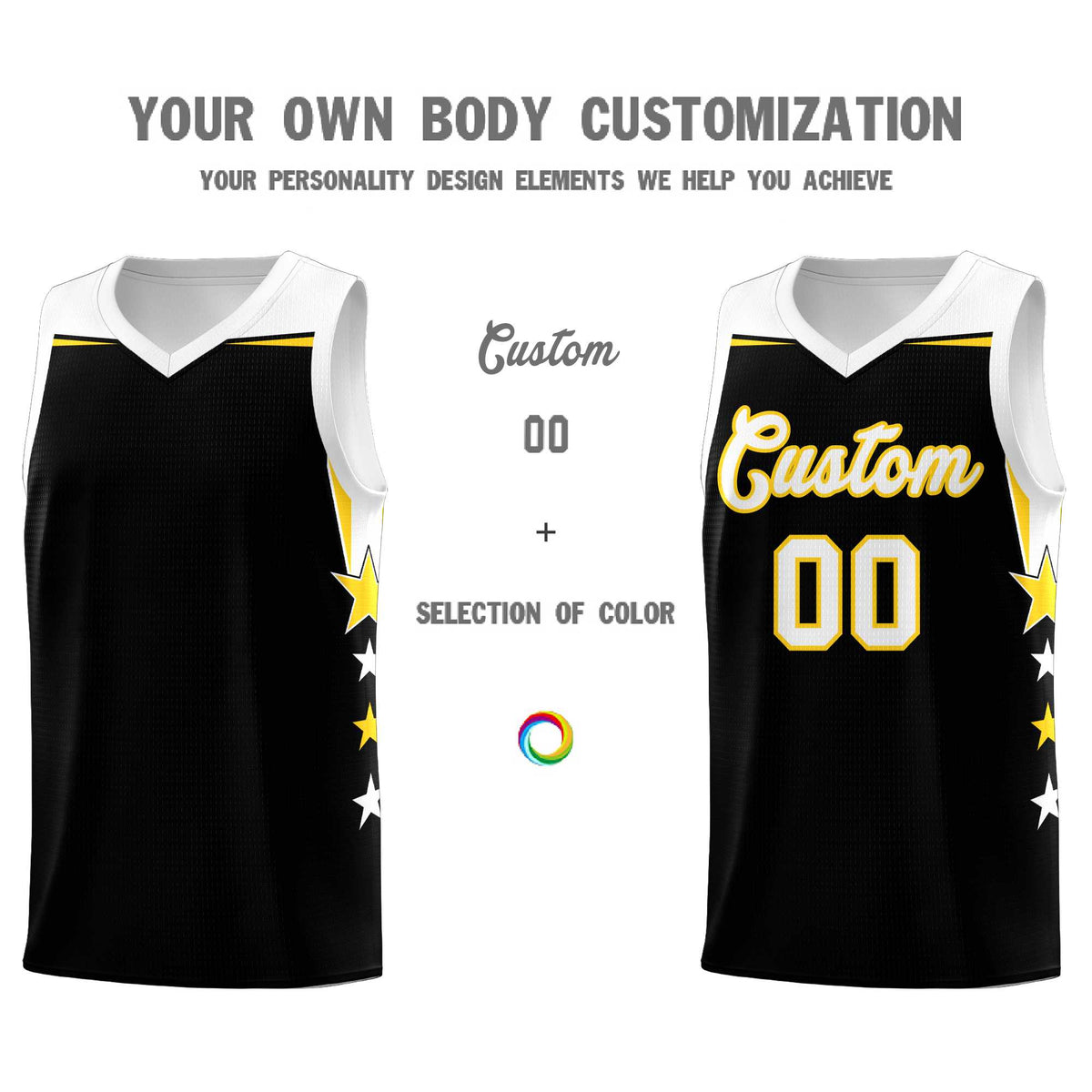 Custom Youth Basketball Uniform Black White Two Tone Side Star Add Name Number &amp; Logo