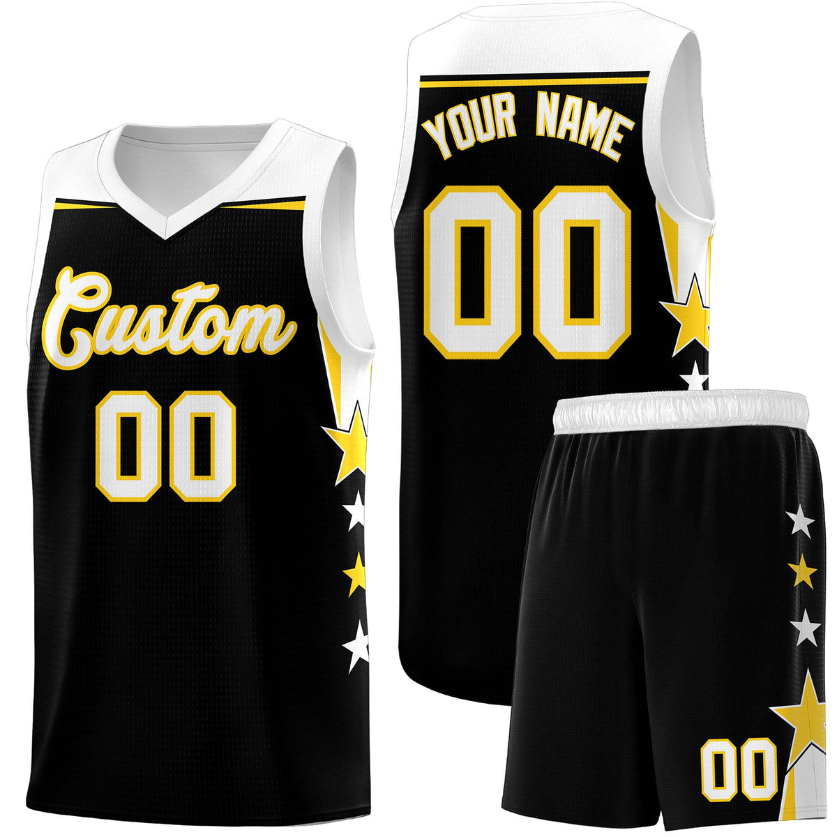 Custom Youth Basketball Uniform Black White Two Tone Side Star Add Name Number &amp; Logo