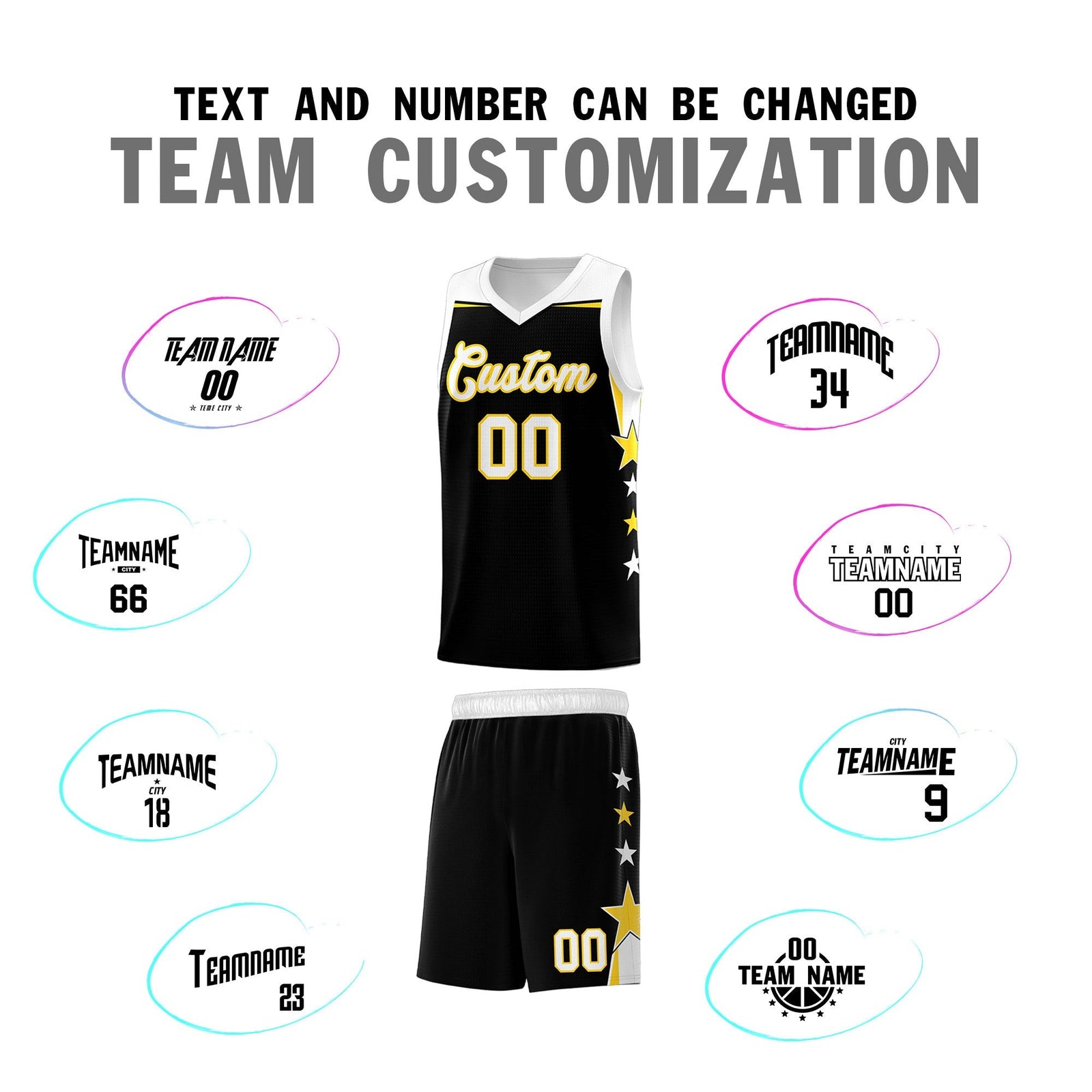 Custom Youth Basketball Uniform Black White Two Tone Side Star Add Name Number & Logo