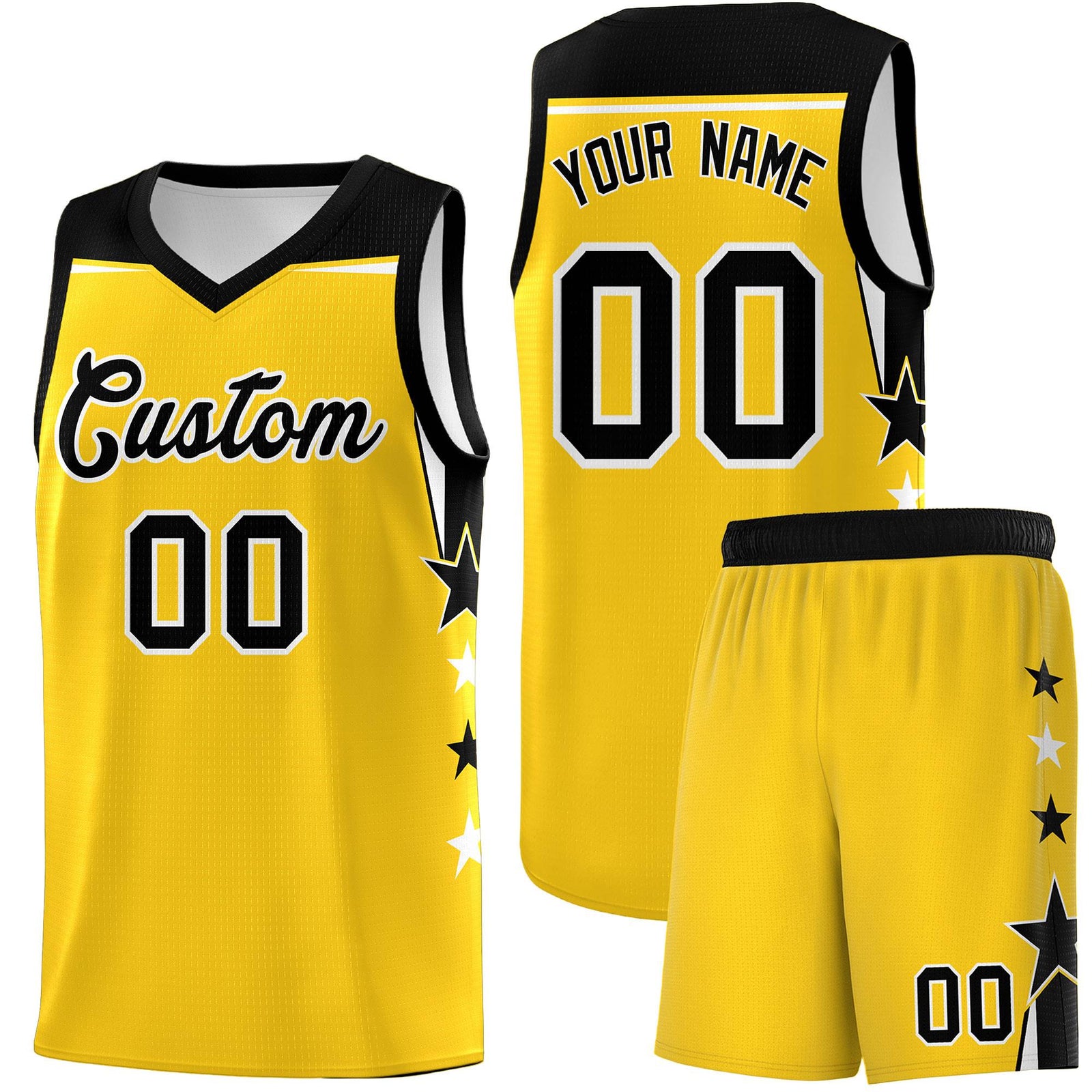 Custom Youth Basketball Uniform Gold Black Two Tone Side Star Personalized Team Jersey