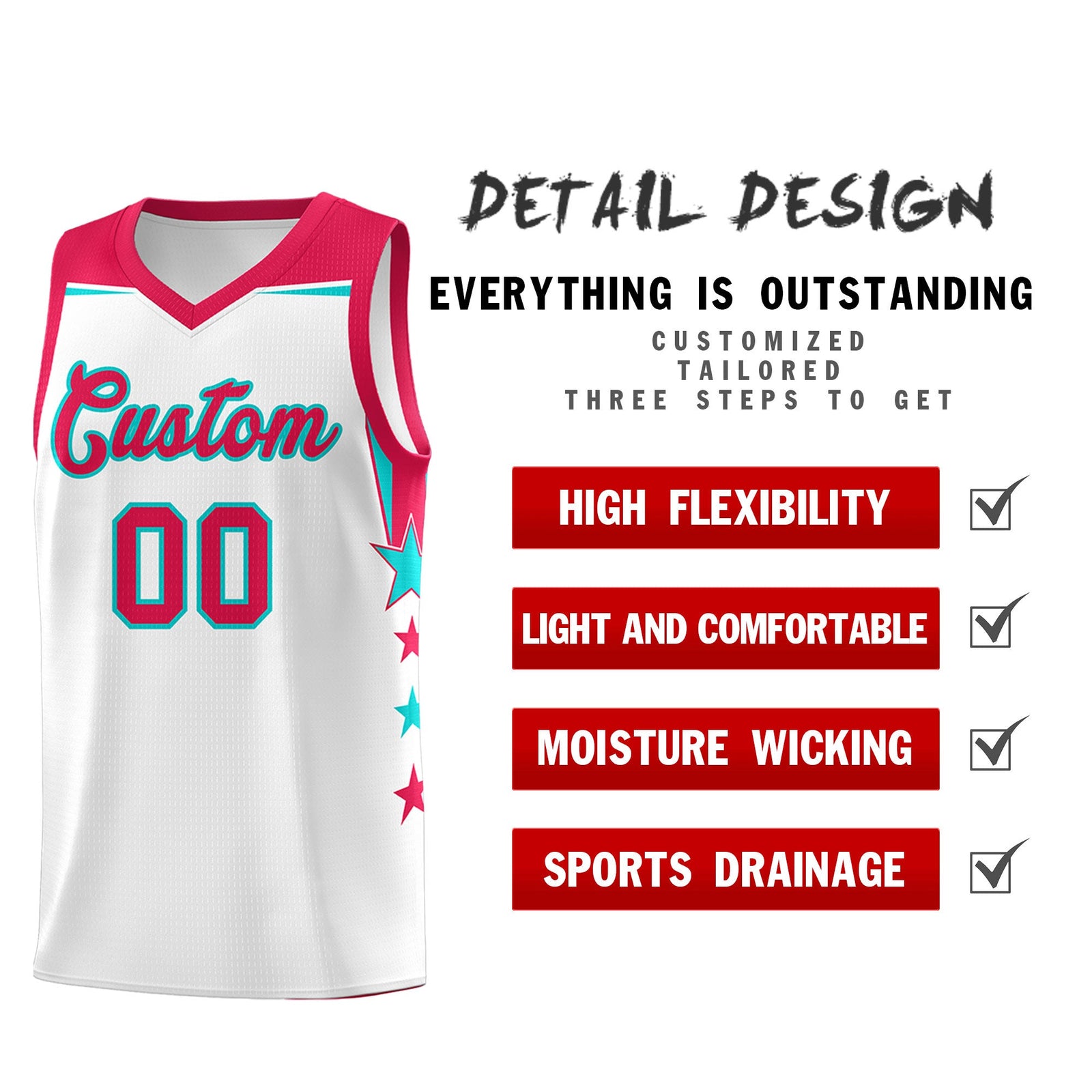 Custom Youth Basketball Uniform White Red Two Tone Side Star Color Block Team Jersey