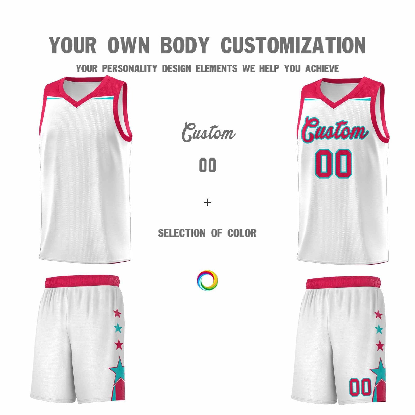 Custom Youth Basketball Uniform White Red Two Tone Side Star Color Block Team Jersey