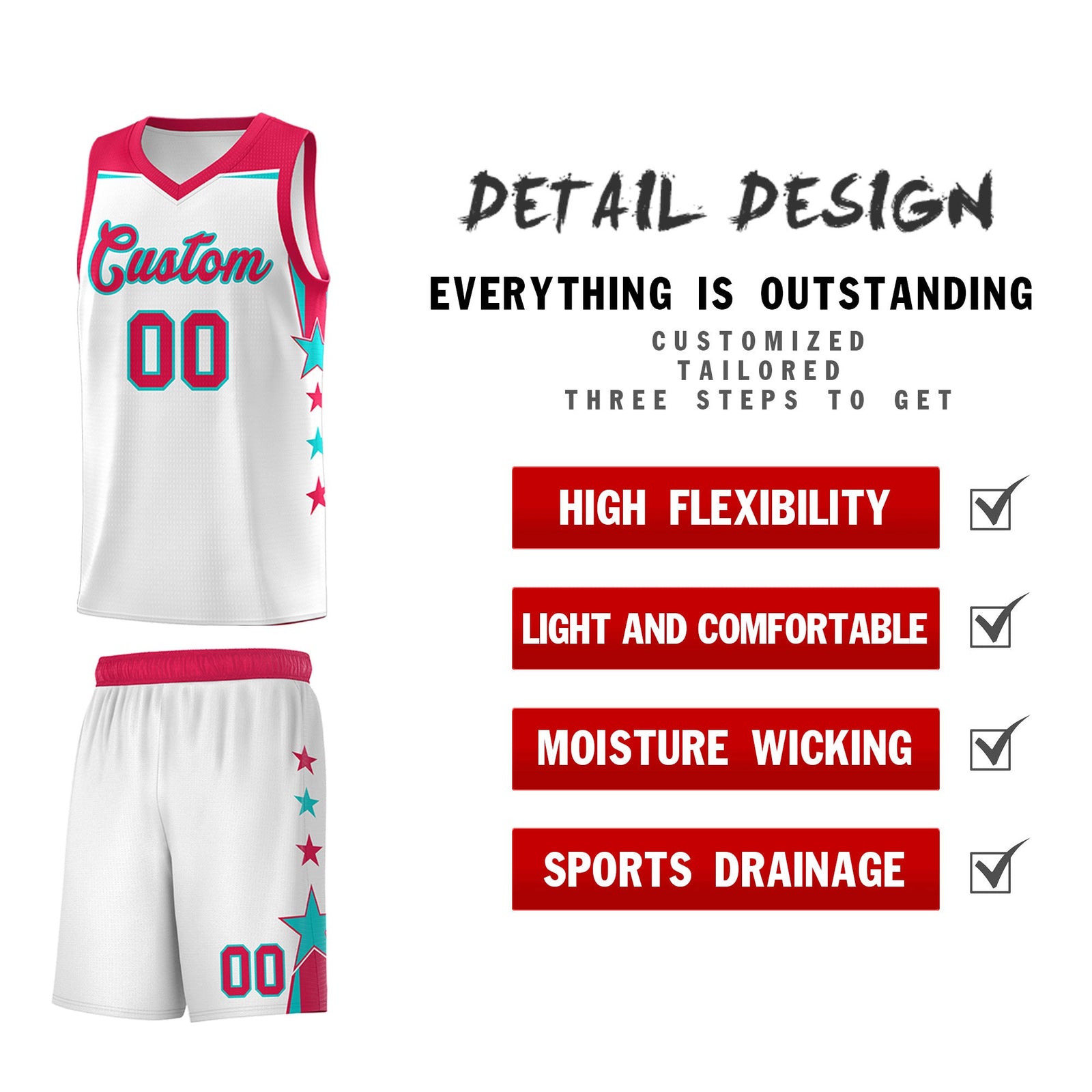 Custom Youth Basketball Uniform White Red Two Tone Side Star Color Block Team Jersey