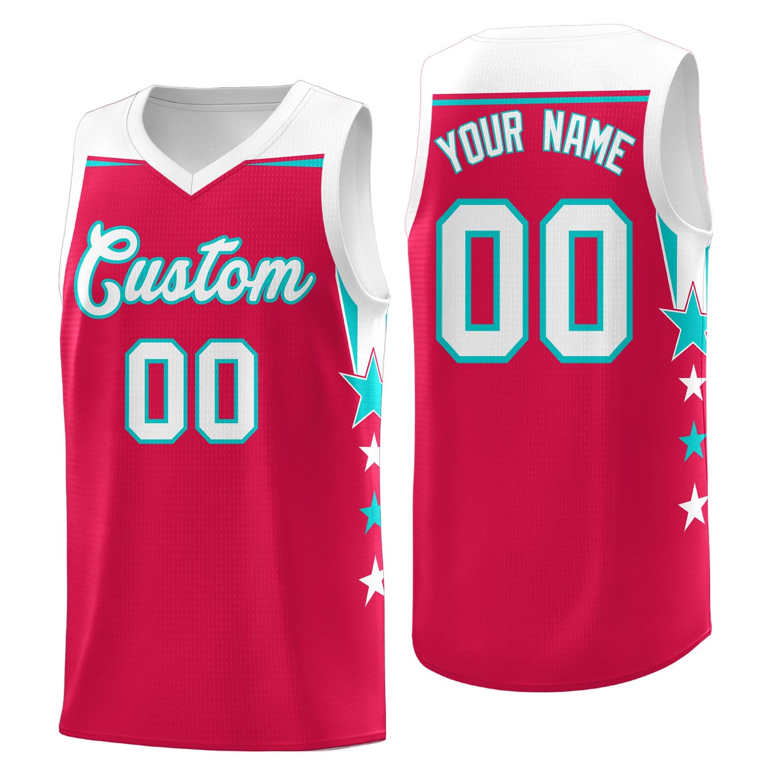 Custom Youth Basketball Uniform Red White Two Tone Side Star Add Name Number & Logo