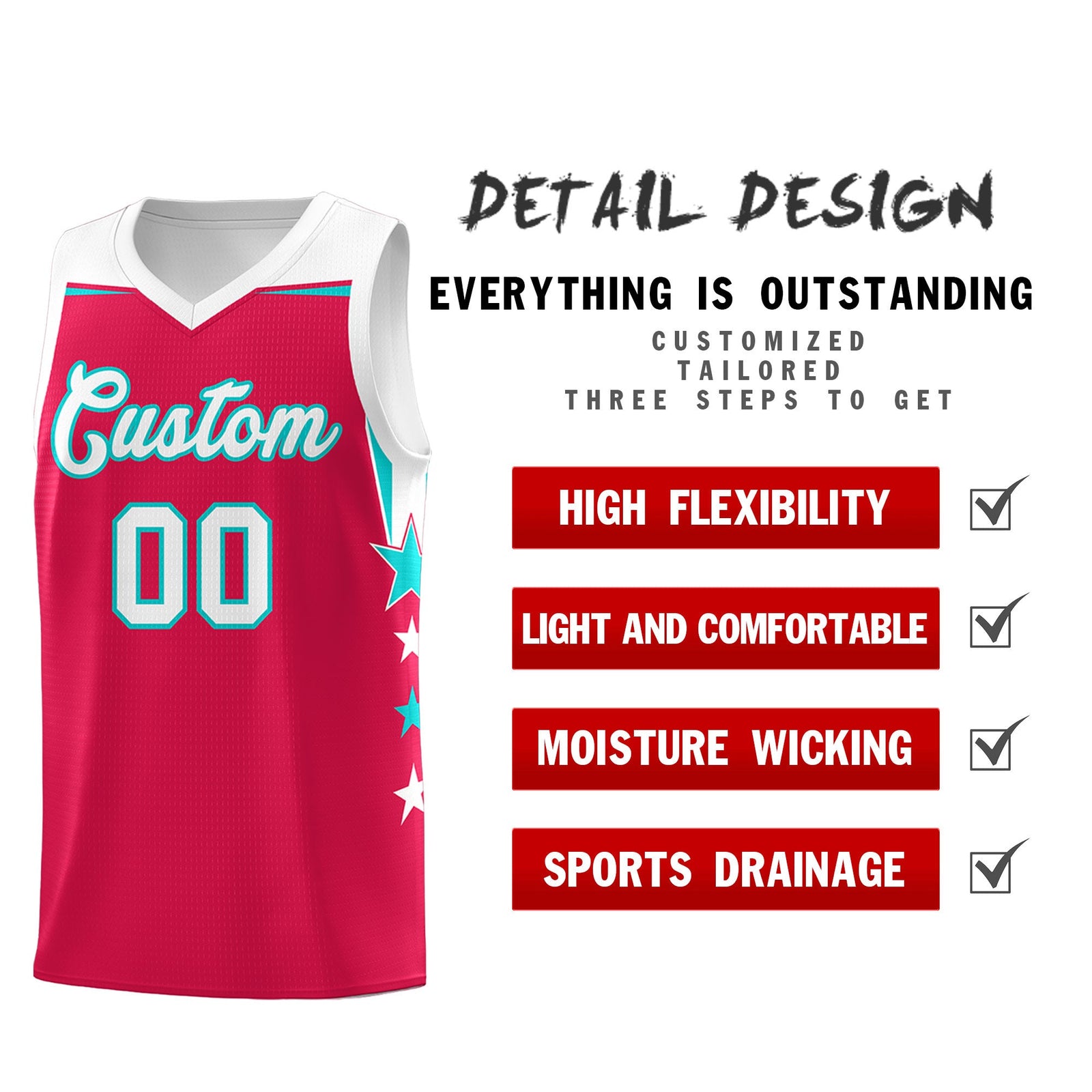 Custom Youth Basketball Uniform Red White Two Tone Side Star Add Name Number & Logo