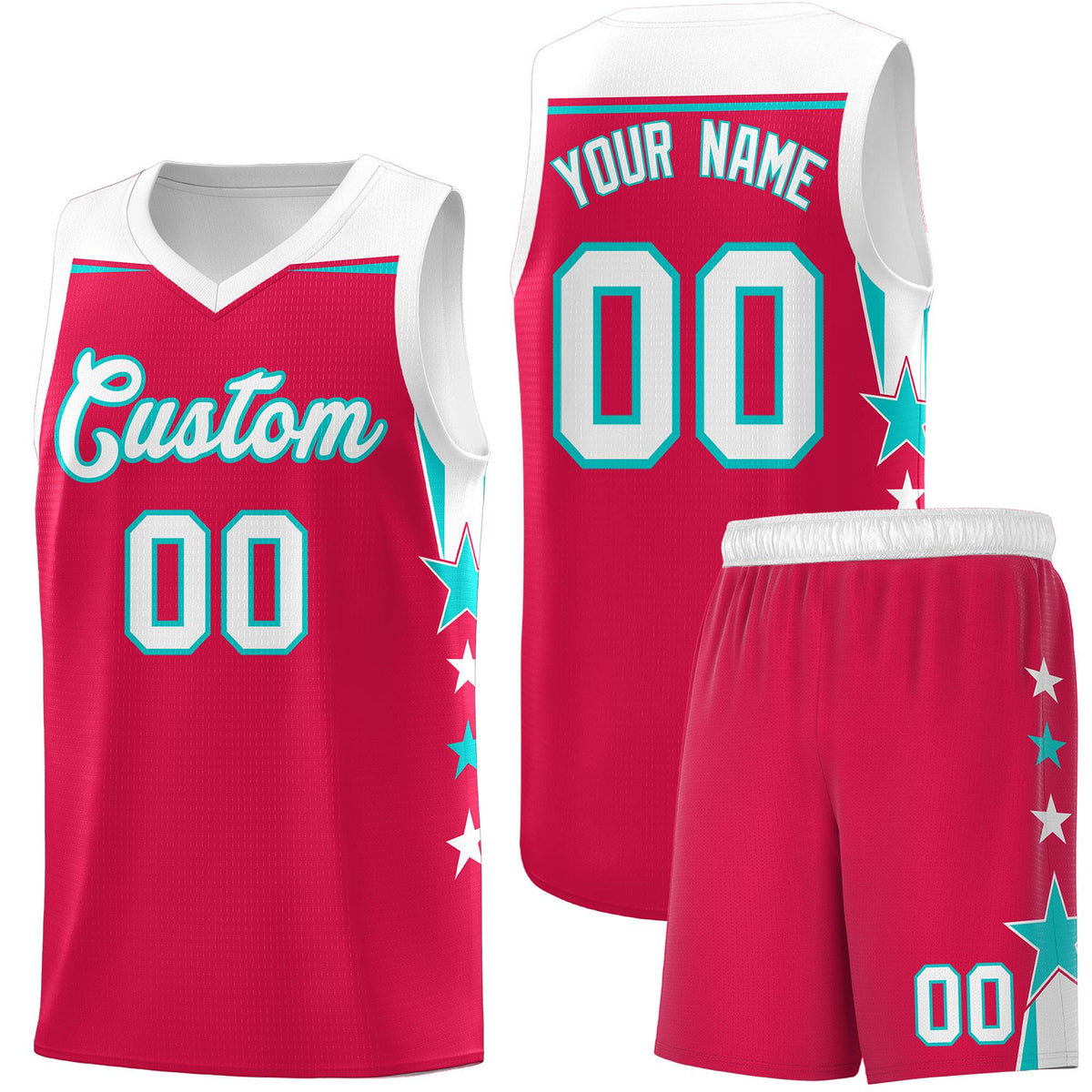 Custom Youth Basketball Uniform Red White Two Tone Side Star Add Name Number &amp; Logo