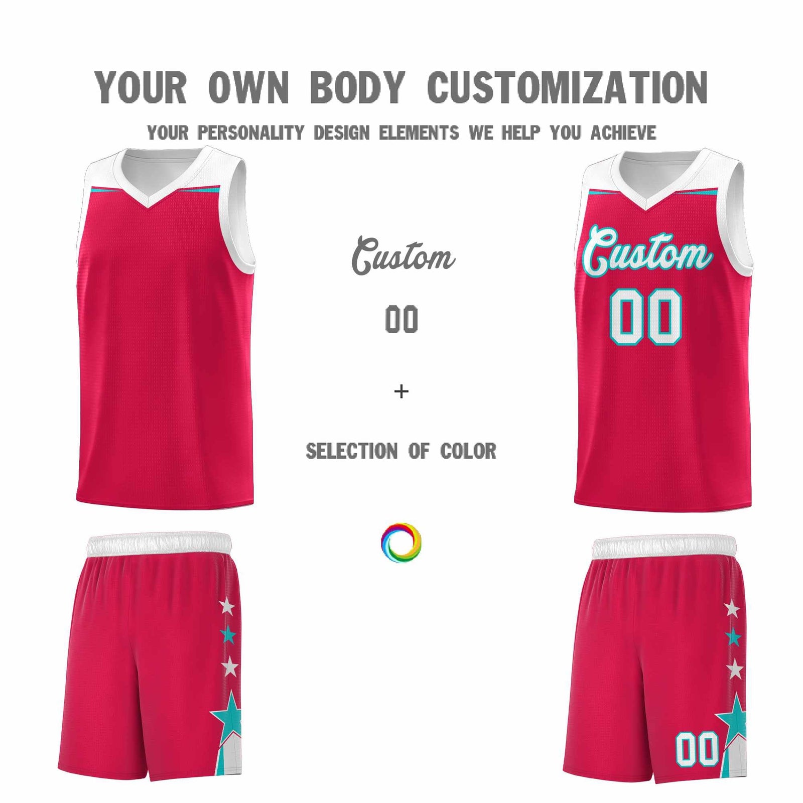 Custom Youth Basketball Uniform Red White Two Tone Side Star Add Name Number & Logo
