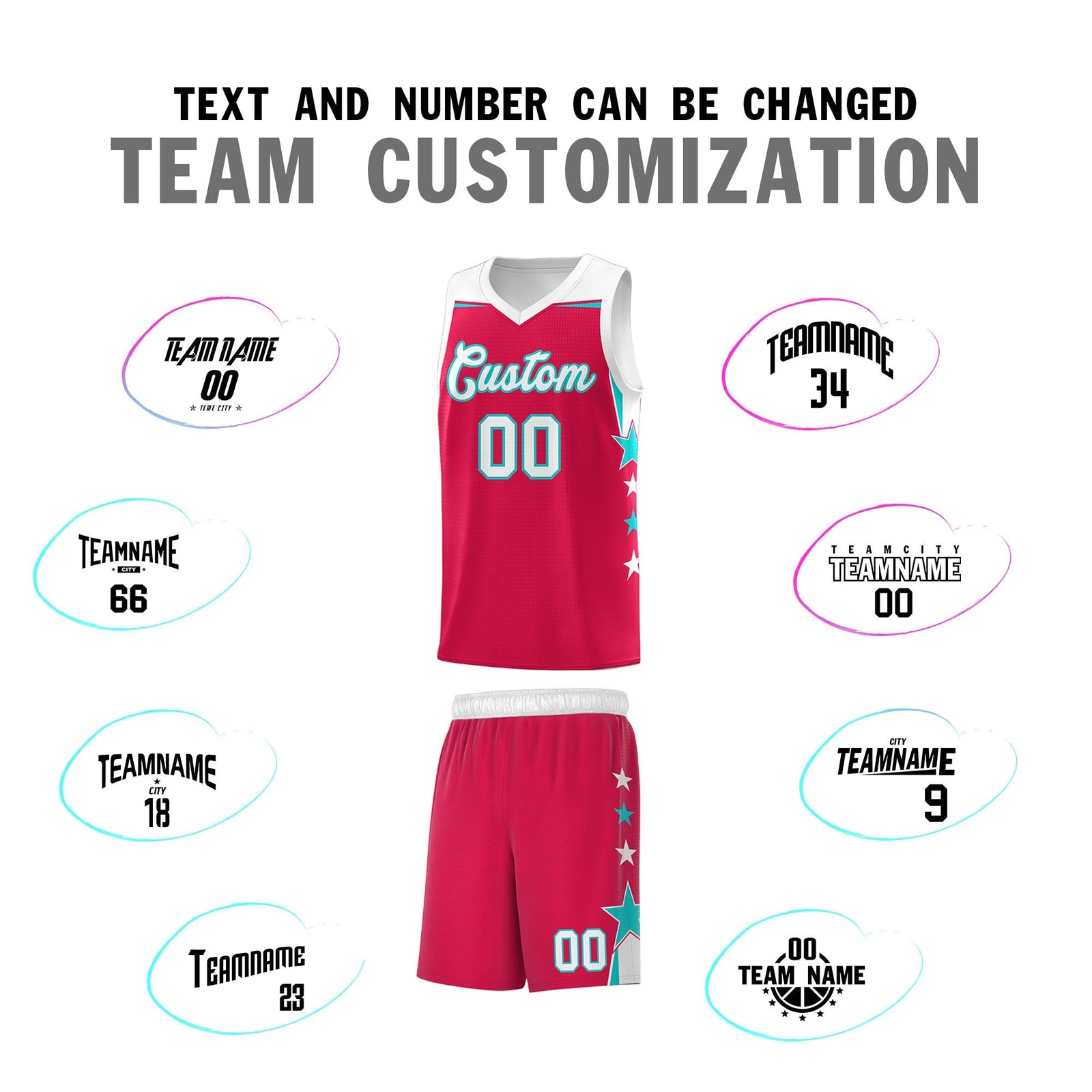 Custom Youth Basketball Uniform Red White Two Tone Side Star Add Name Number & Logo