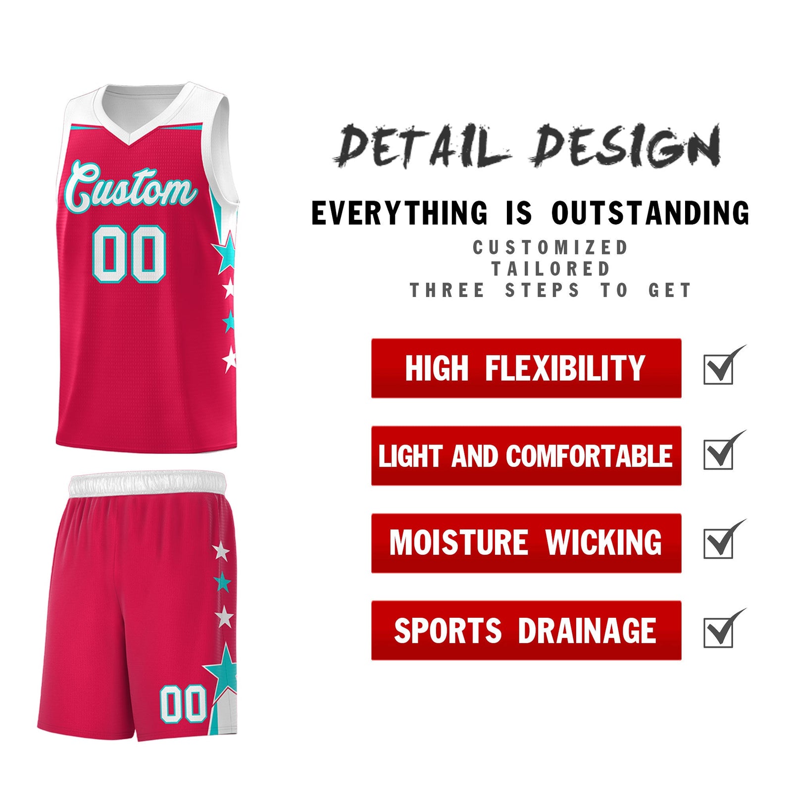 Custom Youth Basketball Uniform Red White Two Tone Side Star Add Name Number & Logo