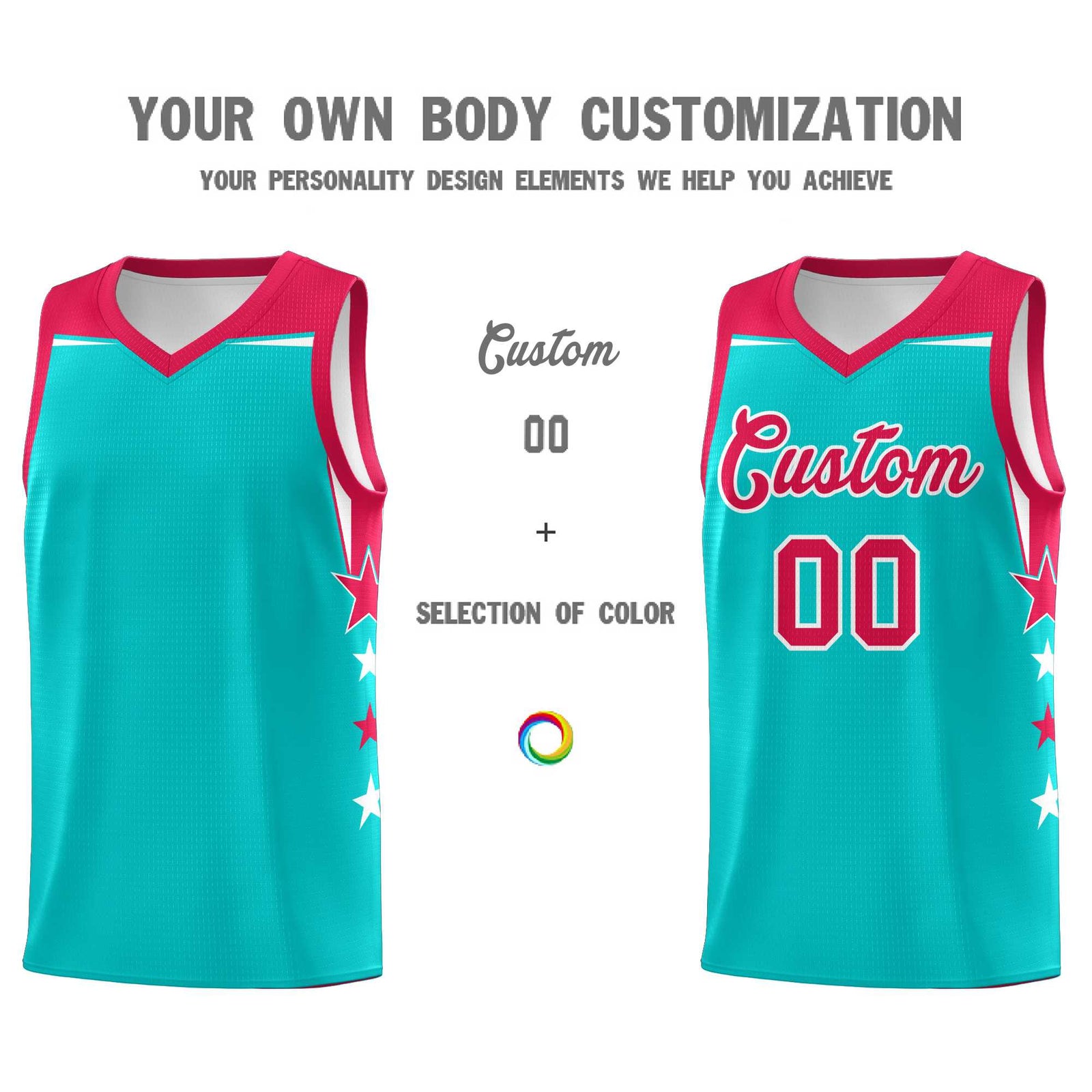 Custom Youth Basketball Uniform Aqua Red Two Tone Side Star Personalized Team Jersey