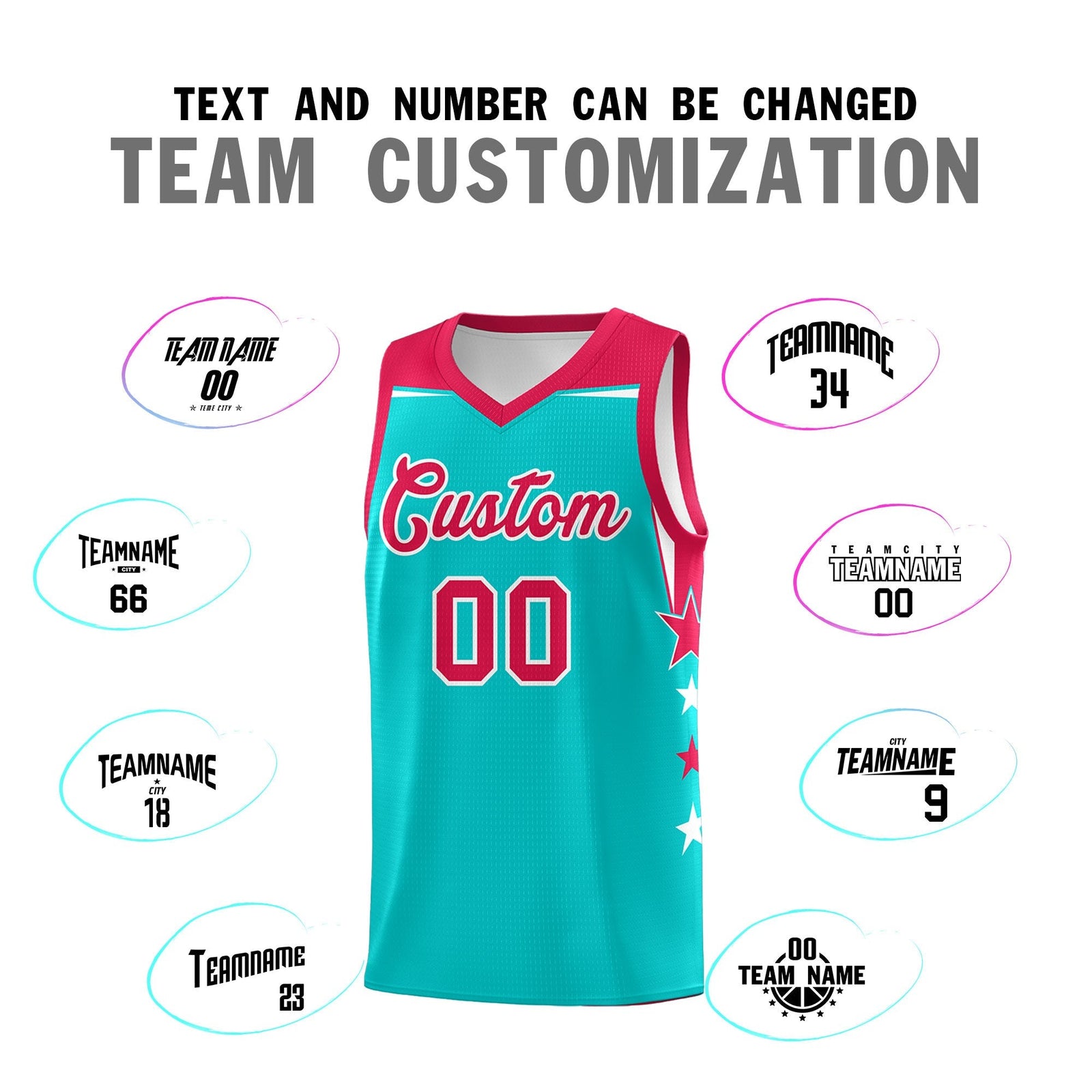 Custom Youth Basketball Uniform Aqua Red Two Tone Side Star Personalized Team Jersey