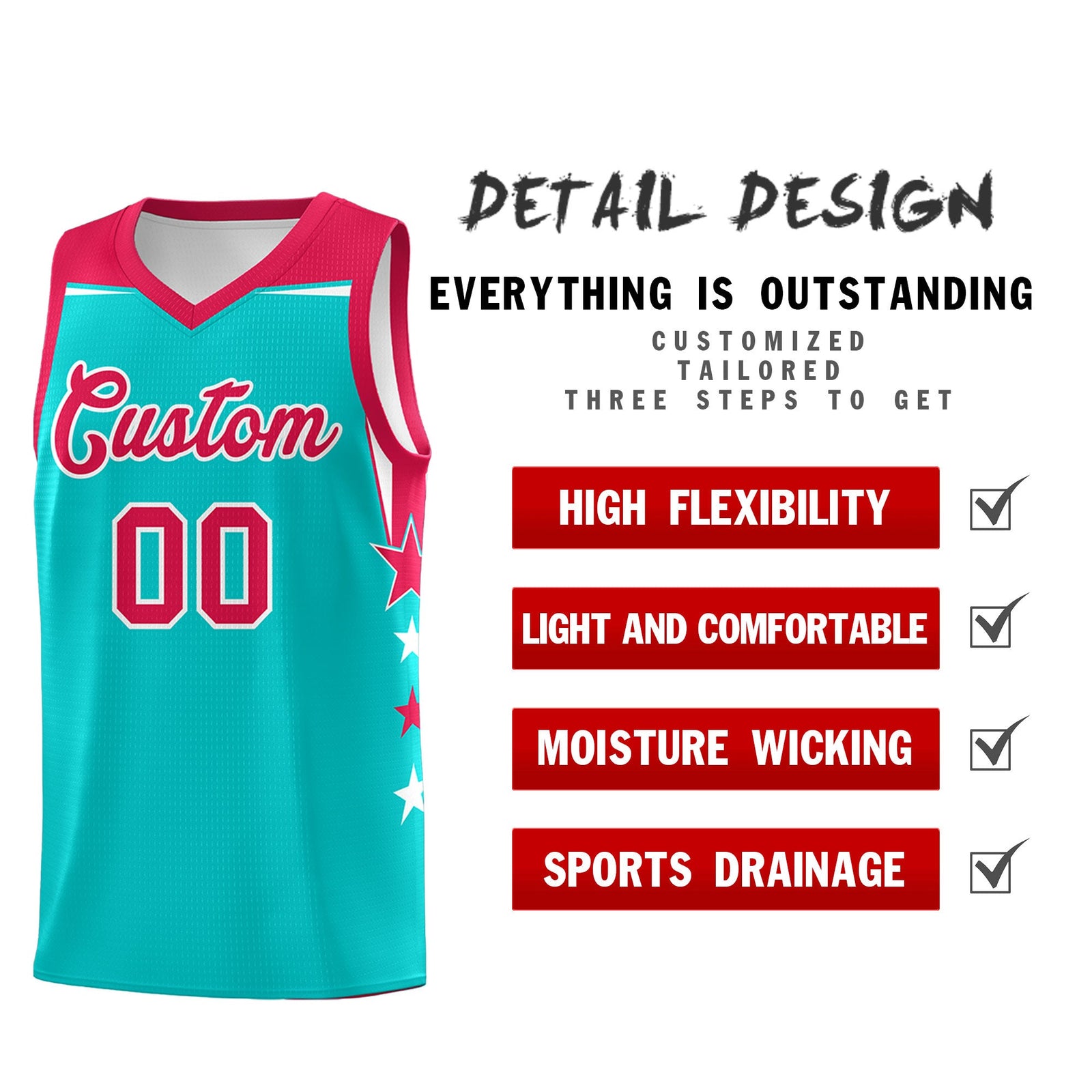 Custom Youth Basketball Uniform Aqua Red Two Tone Side Star Personalized Team Jersey