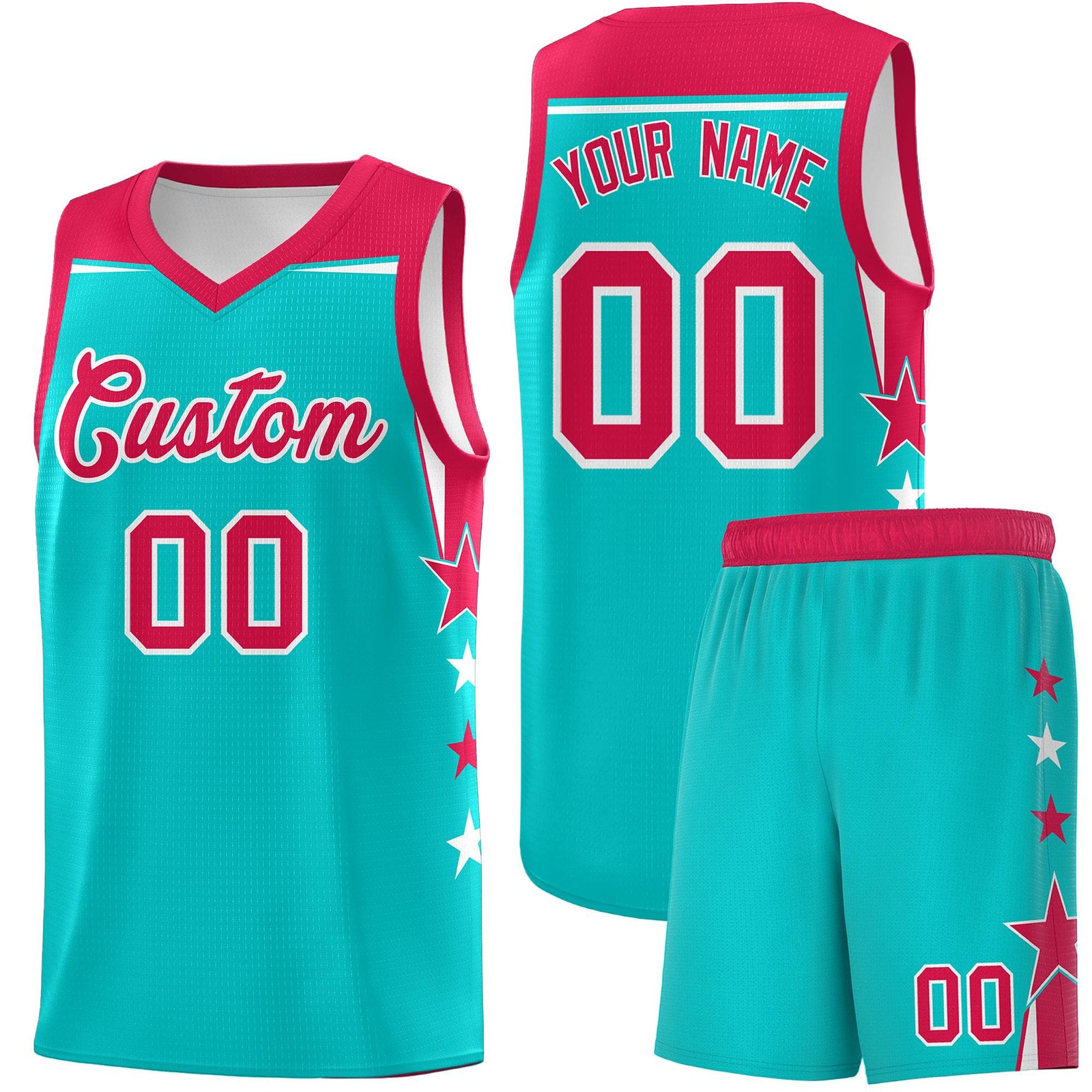 Custom Youth Basketball Uniform Aqua Red Two Tone Side Star Personalized Team Jersey