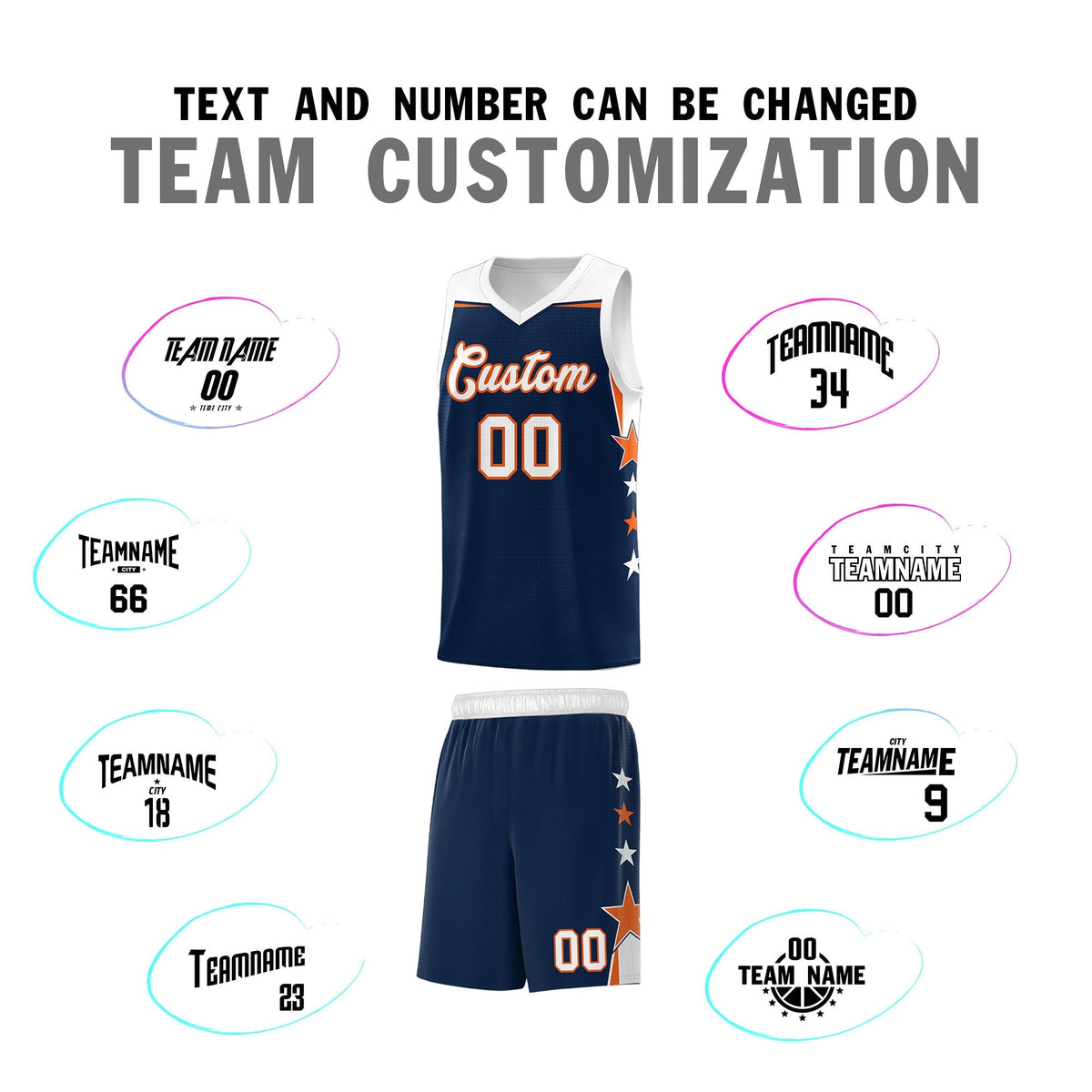 Custom Youth Basketball Uniform Navy White Two Tone Side Star Add Name Number &amp; Logo