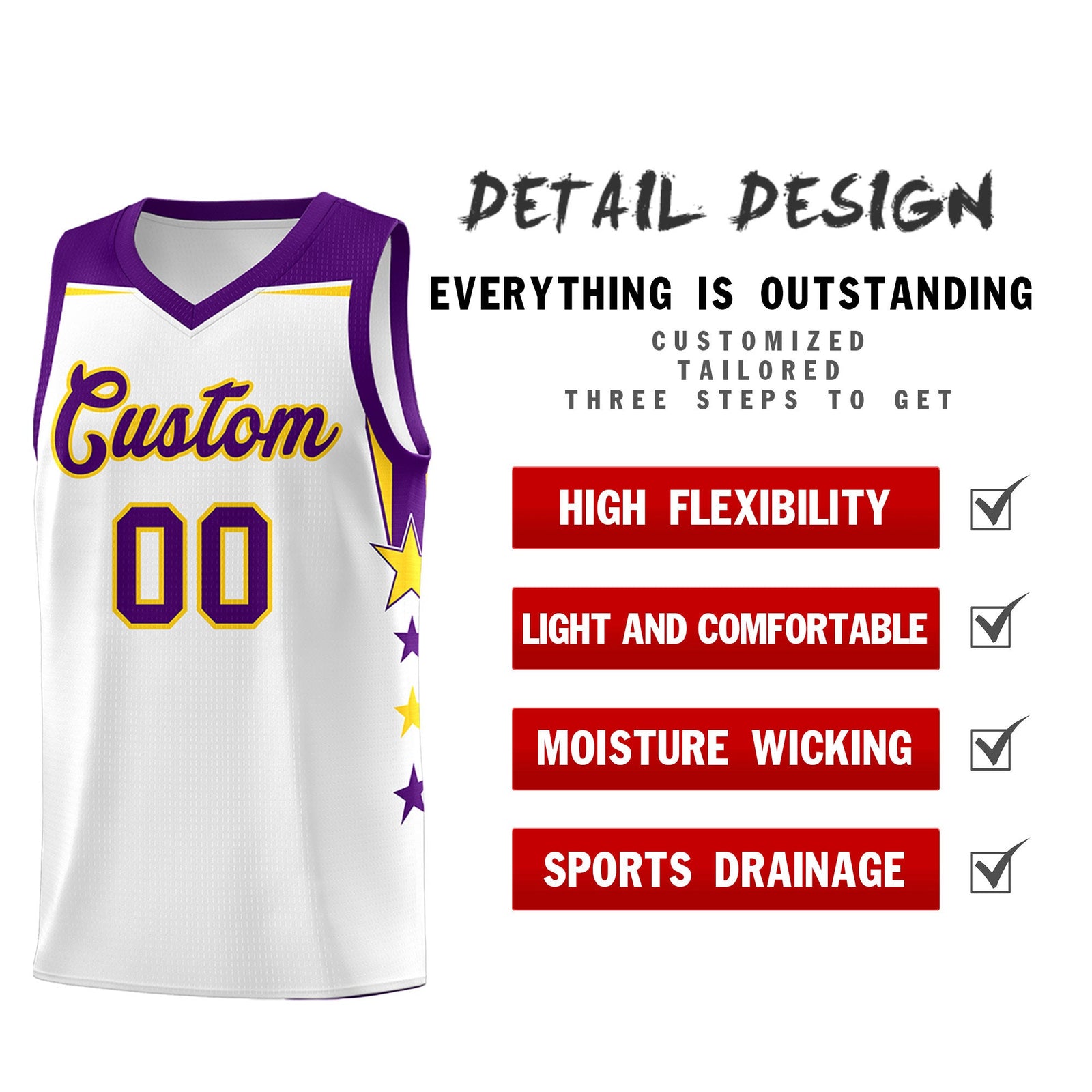 Custom Youth Basketball Uniform White Purple Two Tone Side Star Color Block Team Jersey
