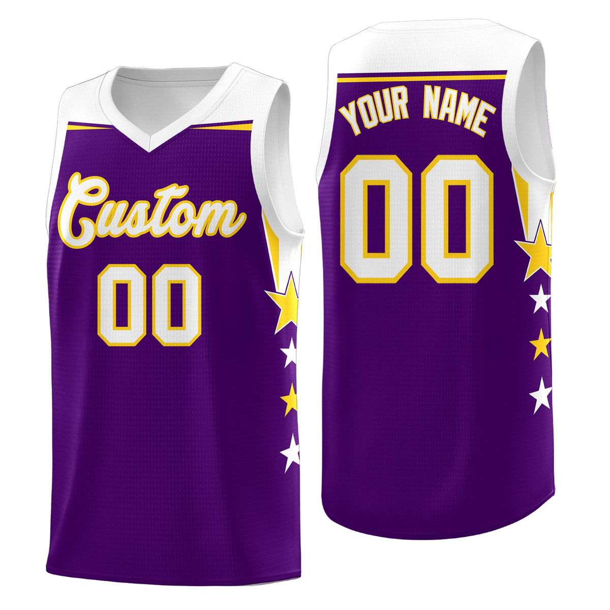 Custom Youth Basketball Uniform Purple White Two Tone Side Star Add Name Number &amp; Logo