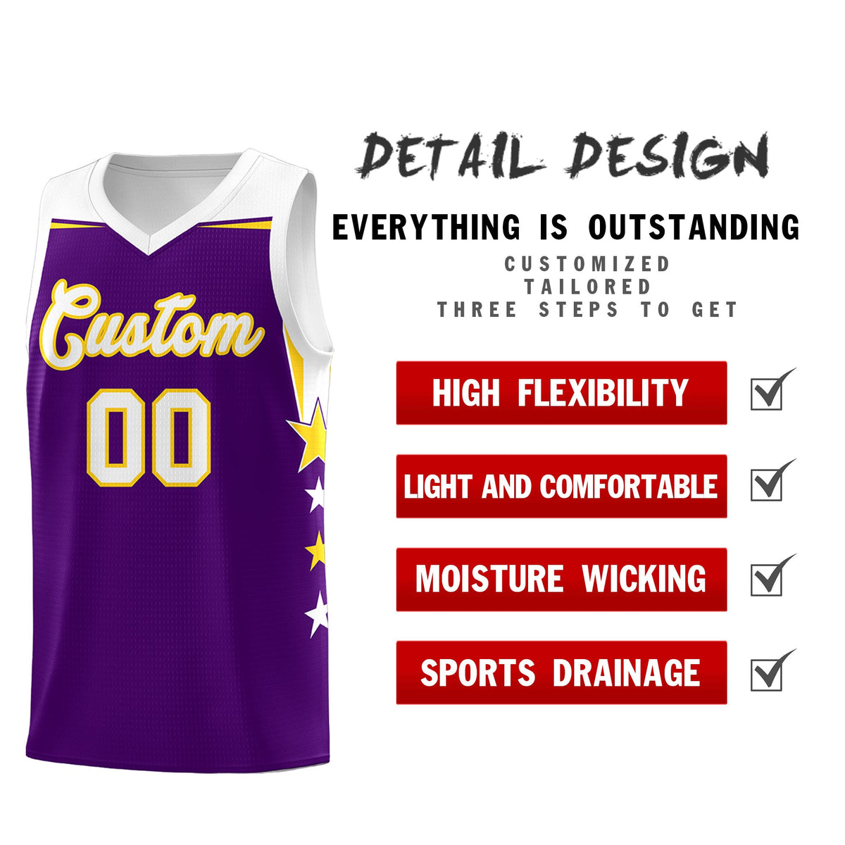 Custom Youth Basketball Uniform Purple White Two Tone Side Star Add Name Number &amp; Logo