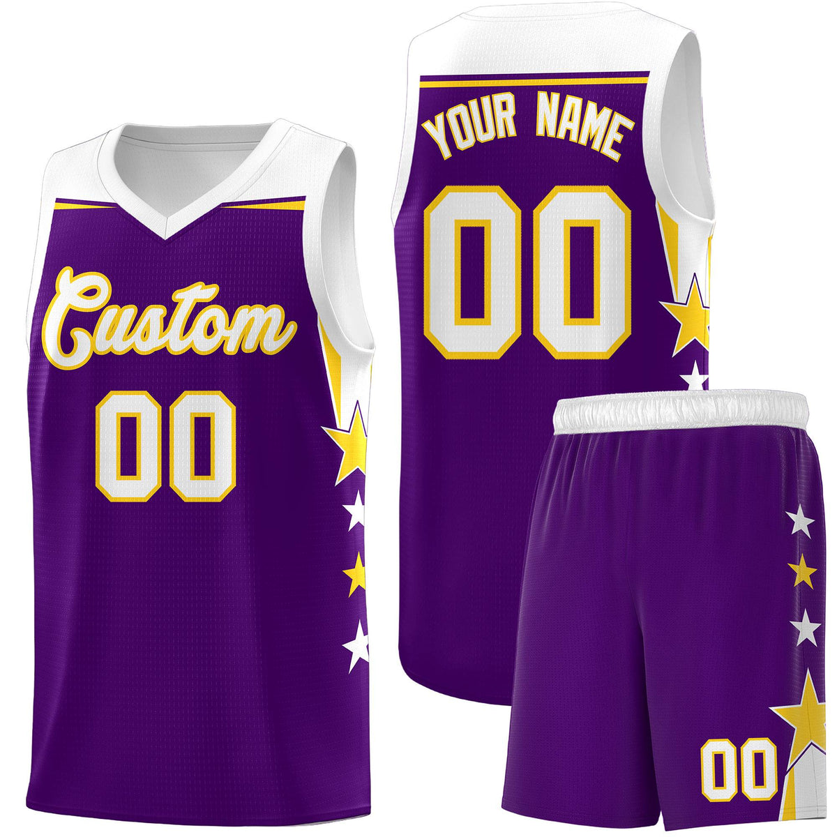Custom Youth Basketball Uniform Purple White Two Tone Side Star Add Name Number &amp; Logo