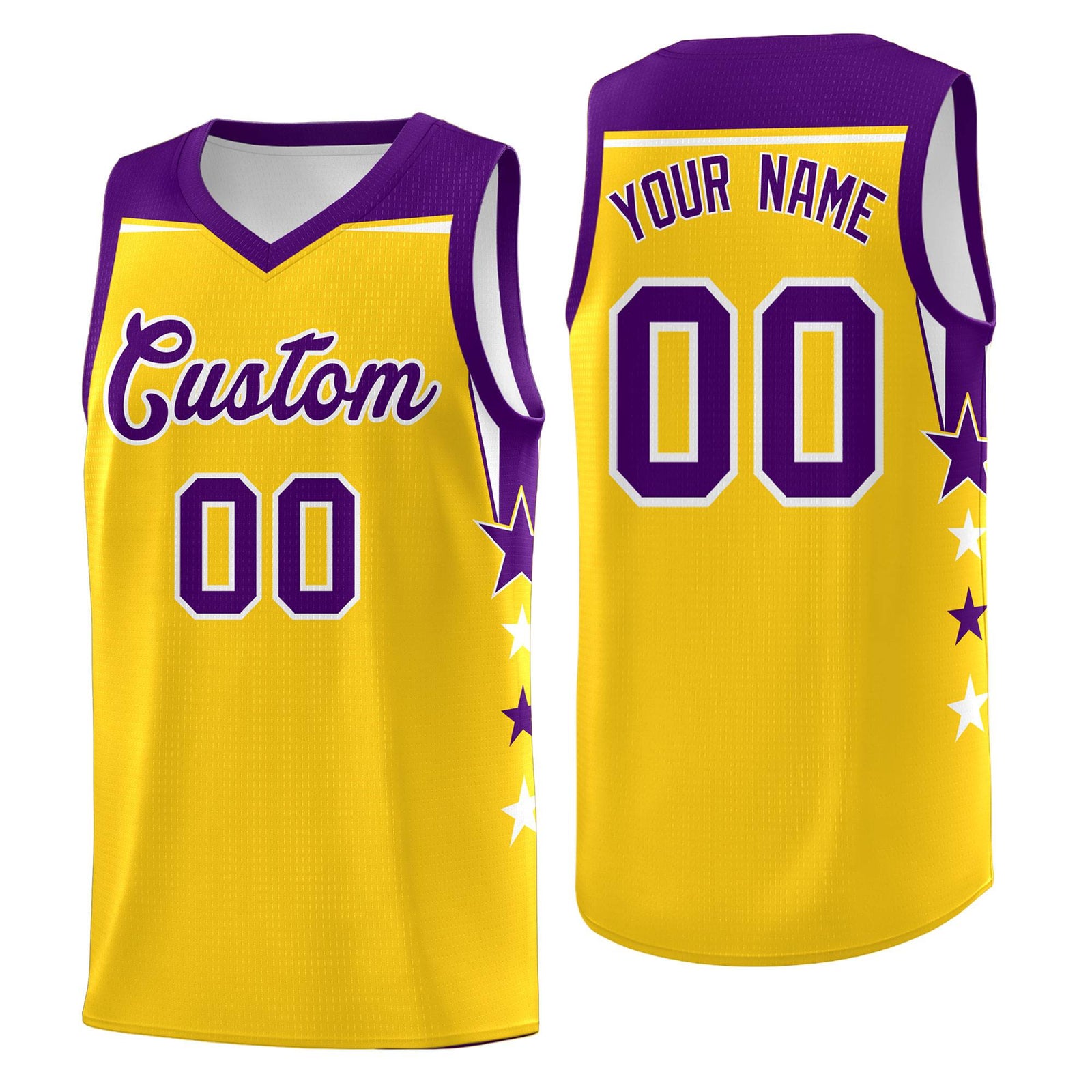 Custom Youth Basketball Uniform Gold Purple Two Tone Side Star Personalized Team Jersey