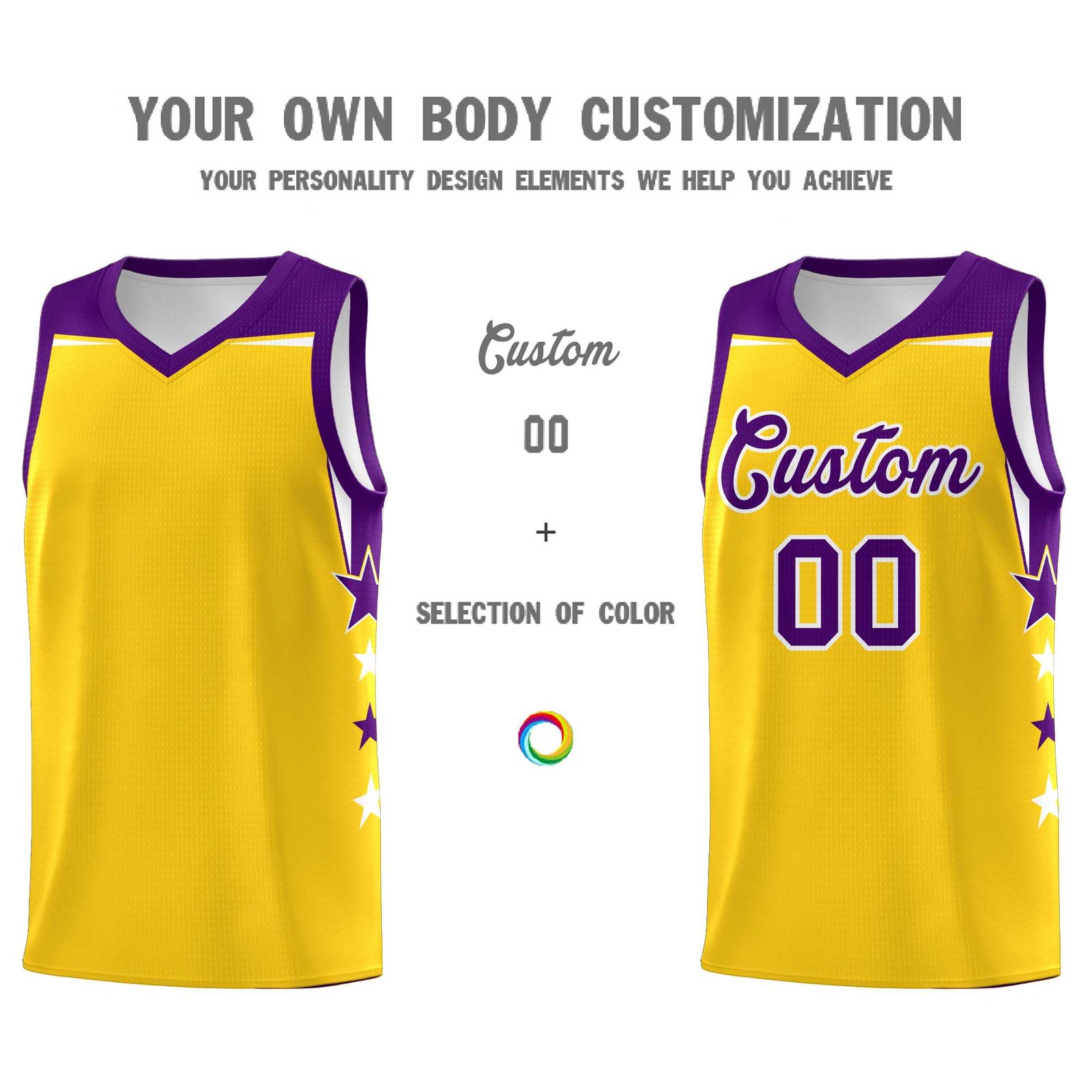 Custom Youth Basketball Uniform Gold Purple Two Tone Side Star Personalized Team Jersey