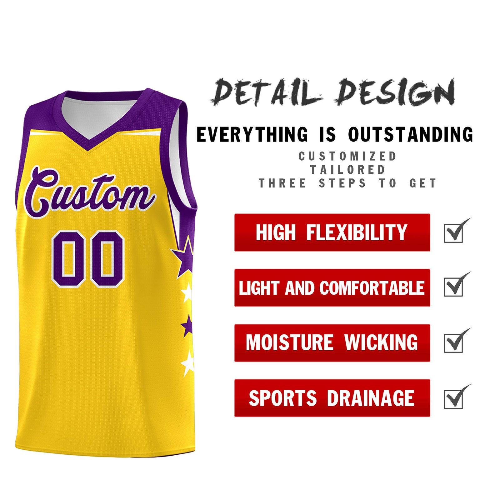 Custom Youth Basketball Uniform Gold Purple Two Tone Side Star Personalized Team Jersey