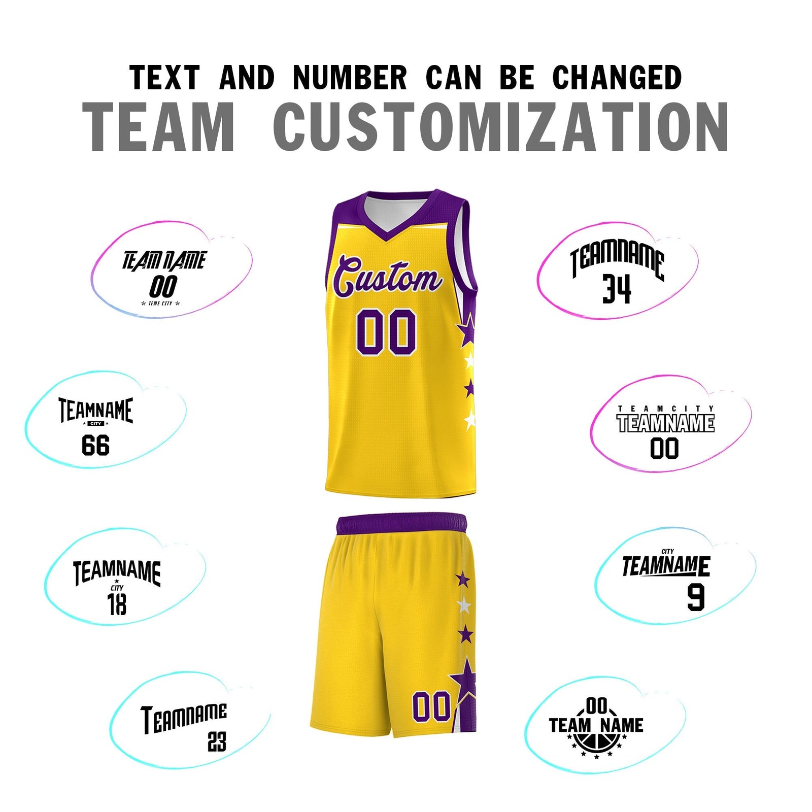 Custom Youth Basketball Uniform Gold Purple Two Tone Side Star Personalized Team Jersey
