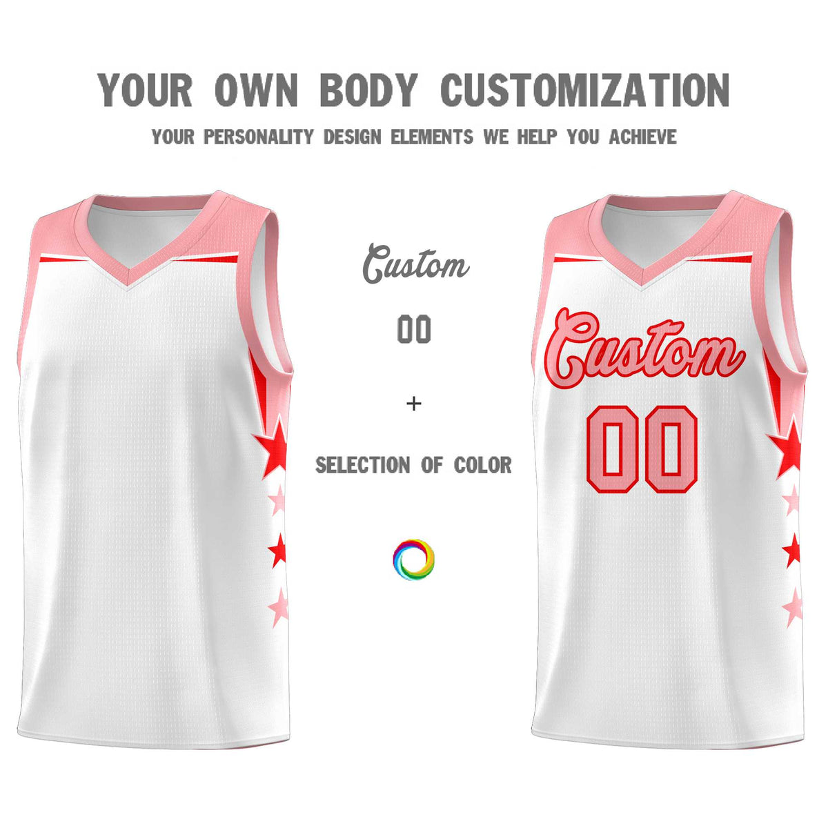 Custom Youth Basketball Uniform White Light Pink Two Tone Side Star Color Block Team Jersey