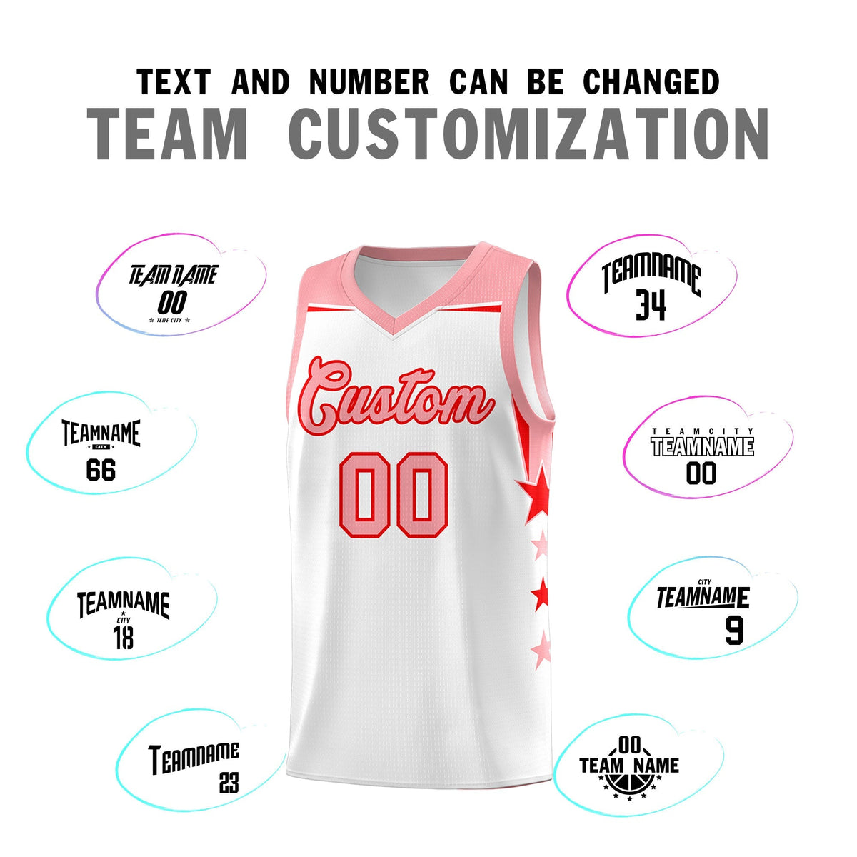Custom Youth Basketball Uniform White Light Pink Two Tone Side Star Color Block Team Jersey