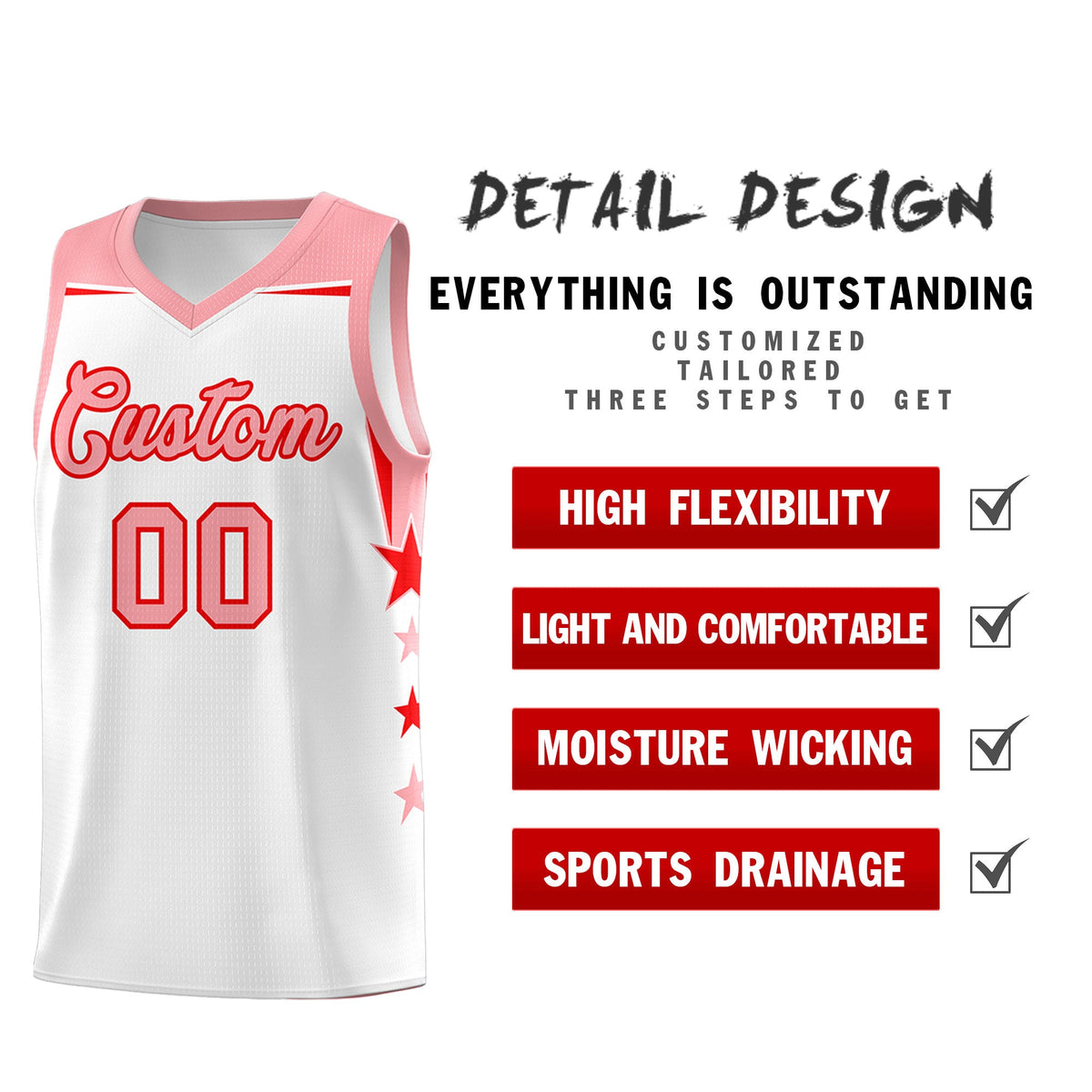Custom Youth Basketball Uniform White Light Pink Two Tone Side Star Color Block Team Jersey