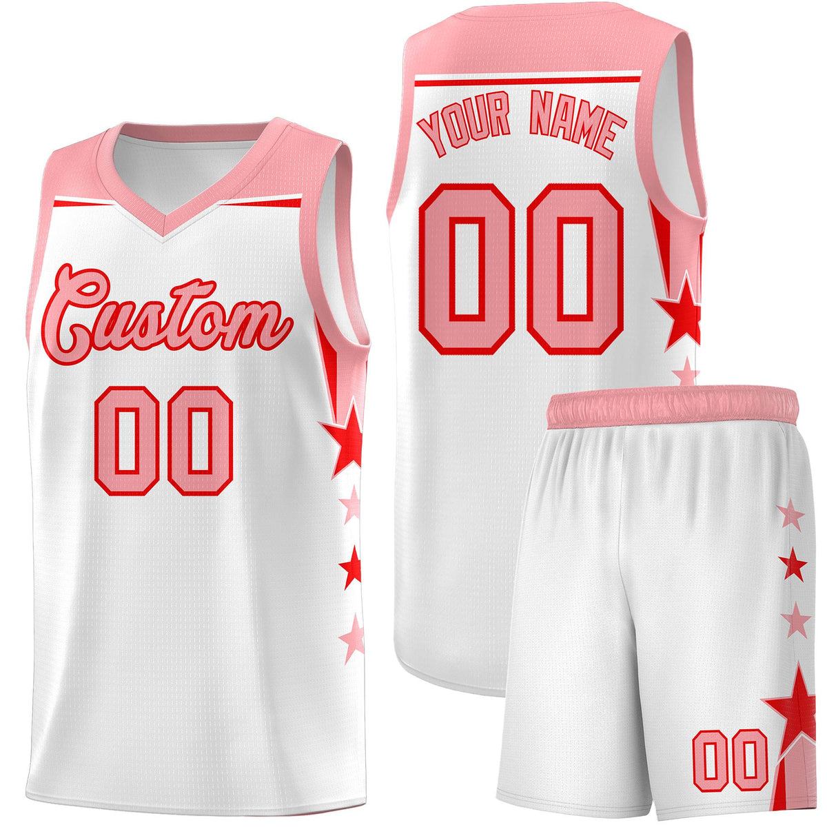 Custom Youth Basketball Uniform White Light Pink Two Tone Side Star Color Block Team Jersey