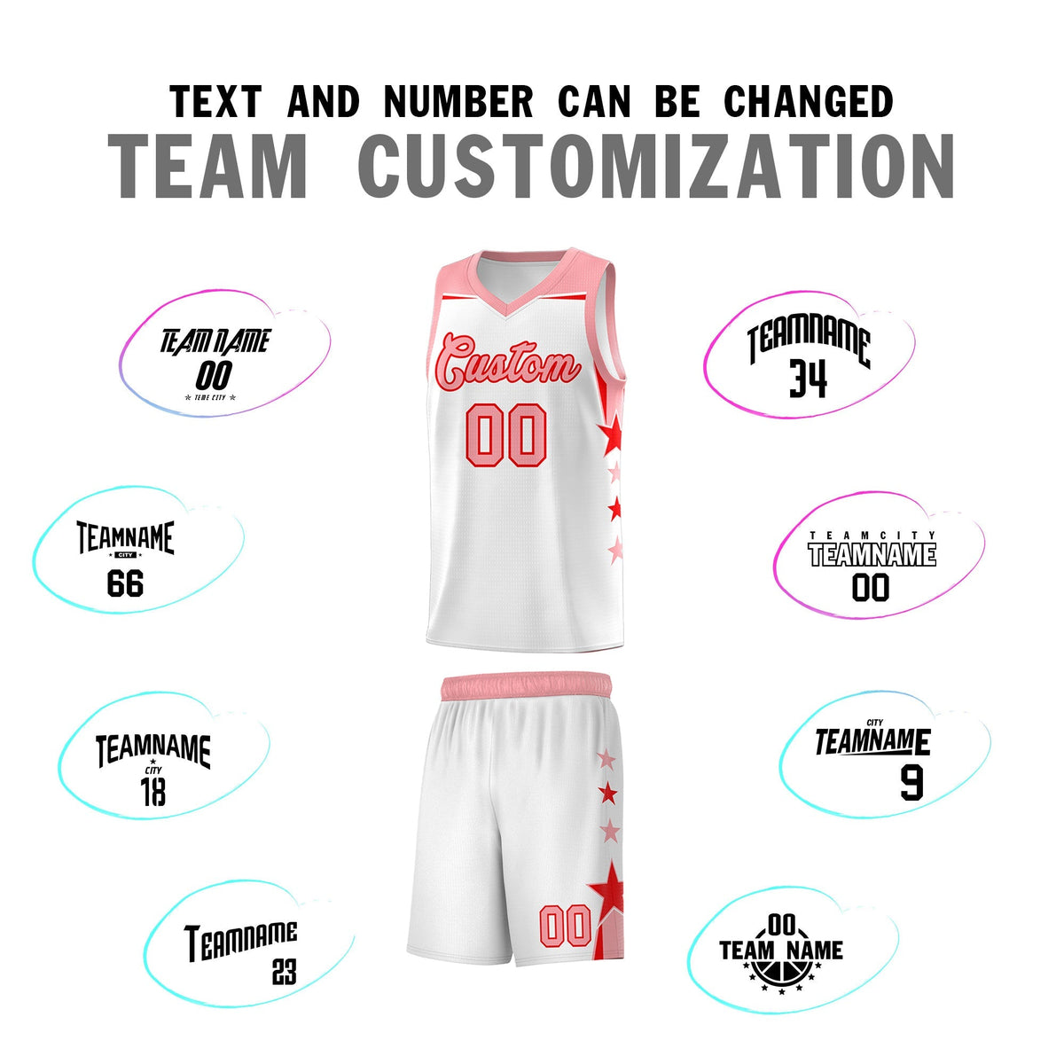 Custom Youth Basketball Uniform White Light Pink Two Tone Side Star Color Block Team Jersey