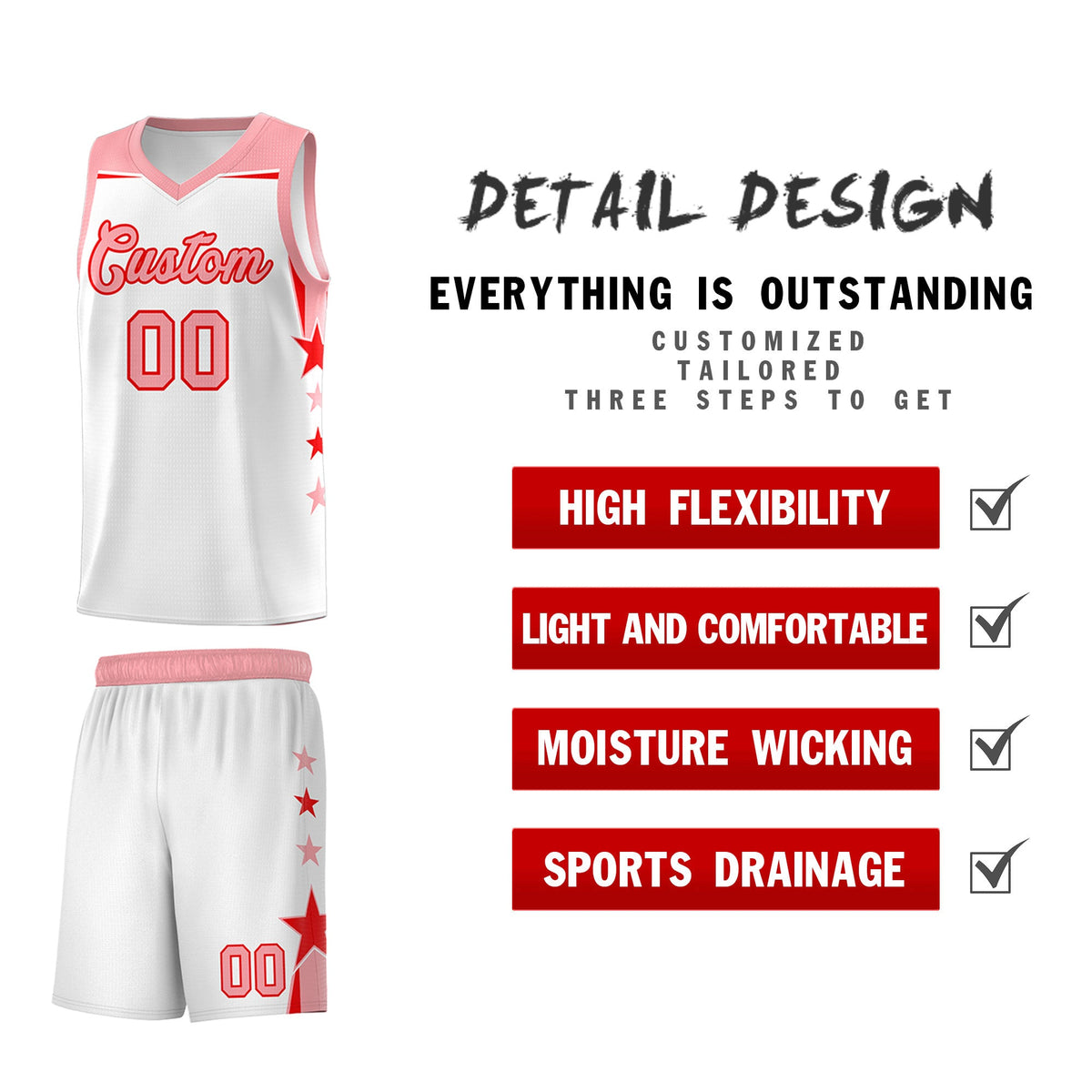 Custom Youth Basketball Uniform White Light Pink Two Tone Side Star Color Block Team Jersey