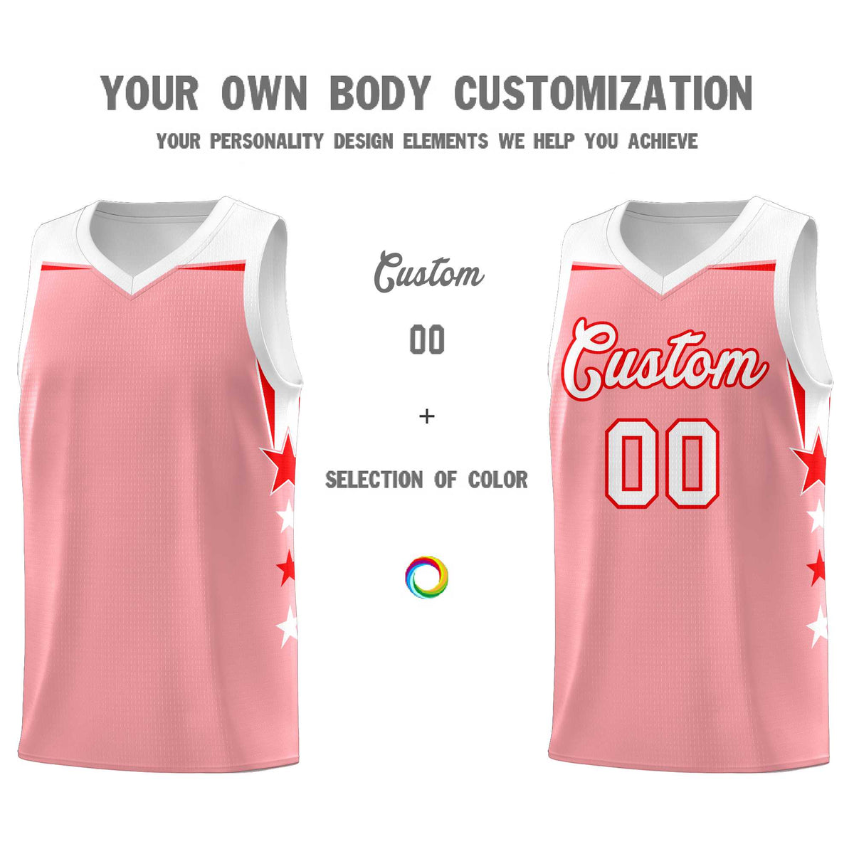 Custom Youth Basketball Uniform Light Pink White Two Tone Side Star Add Name Number &amp; Logo