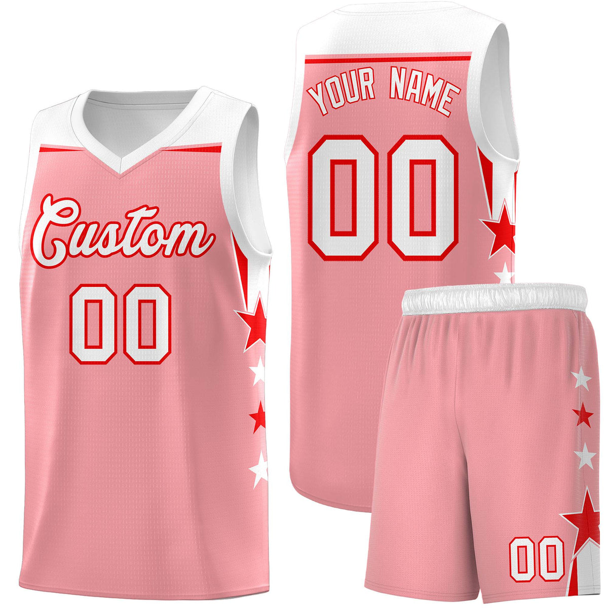 Custom Youth Basketball Uniform Light Pink White Two Tone Side Star Add Name Number &amp; Logo