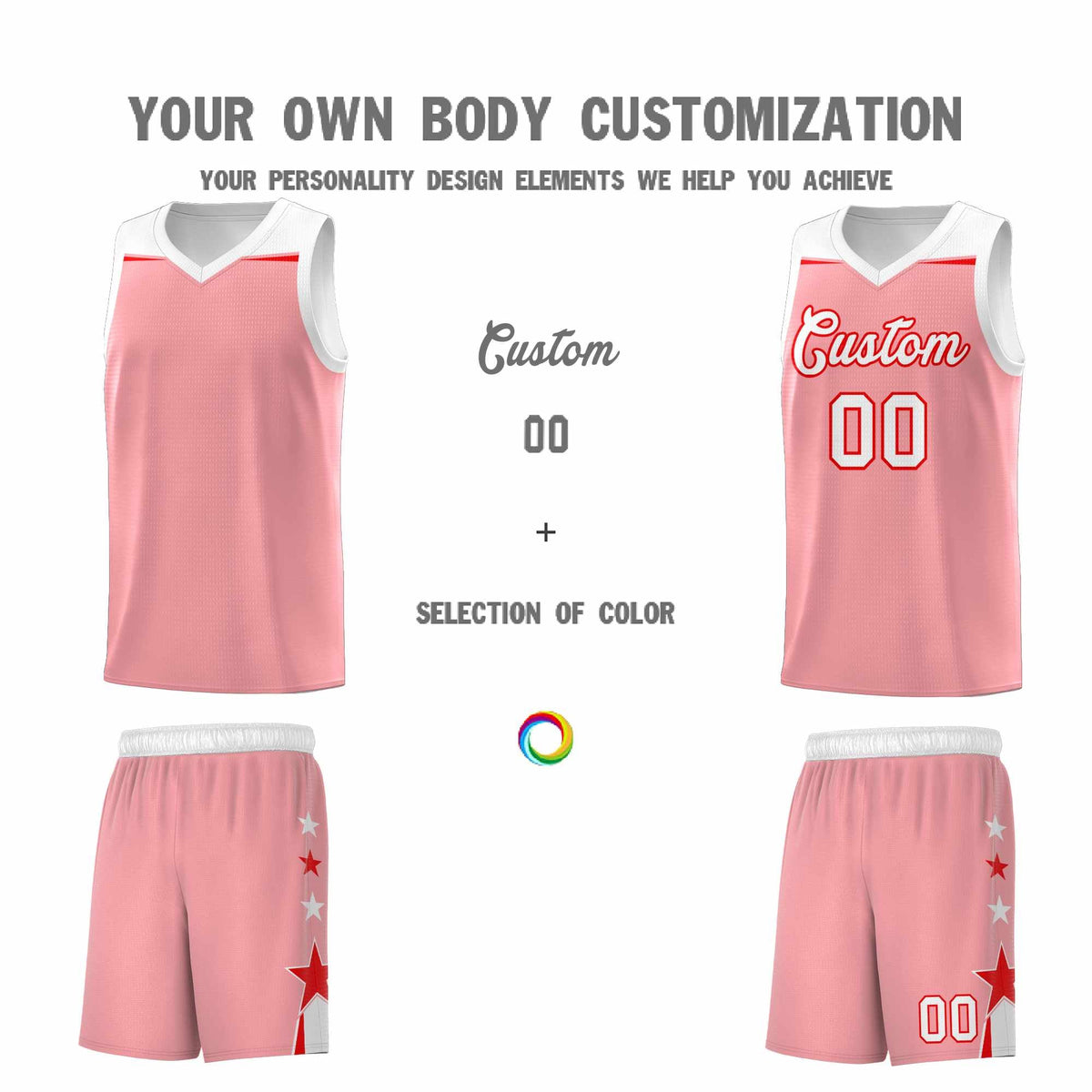 Custom Youth Basketball Uniform Light Pink White Two Tone Side Star Add Name Number &amp; Logo