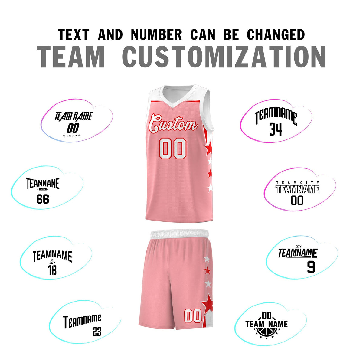 Custom Youth Basketball Uniform Light Pink White Two Tone Side Star Add Name Number &amp; Logo