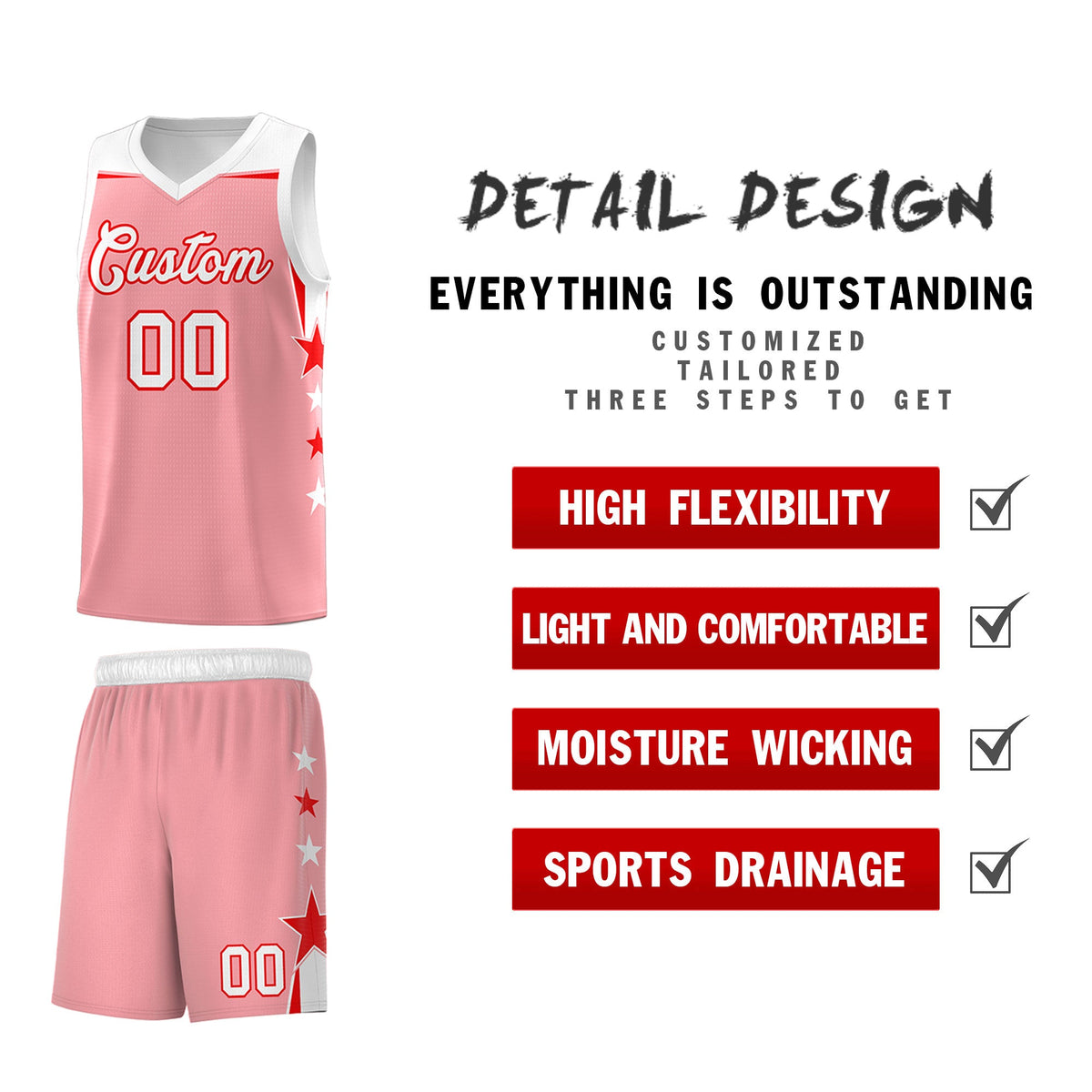 Custom Youth Basketball Uniform Light Pink White Two Tone Side Star Add Name Number &amp; Logo