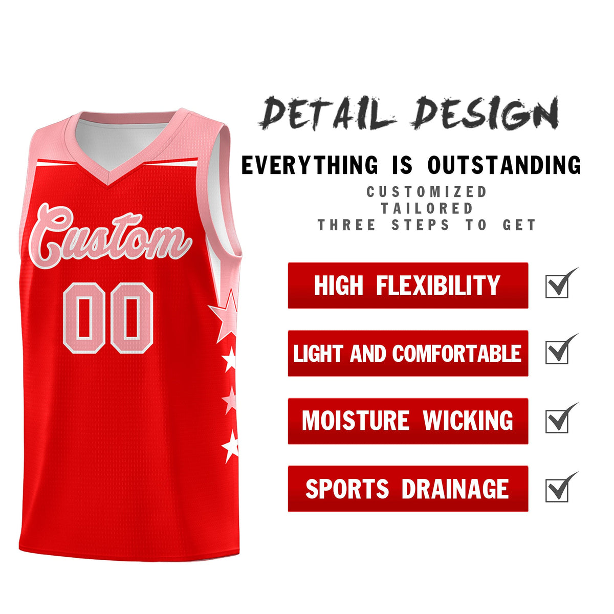 Custom Youth Basketball Uniform Light Red Light Pink Two Tone Side Star Personalized Team Jersey