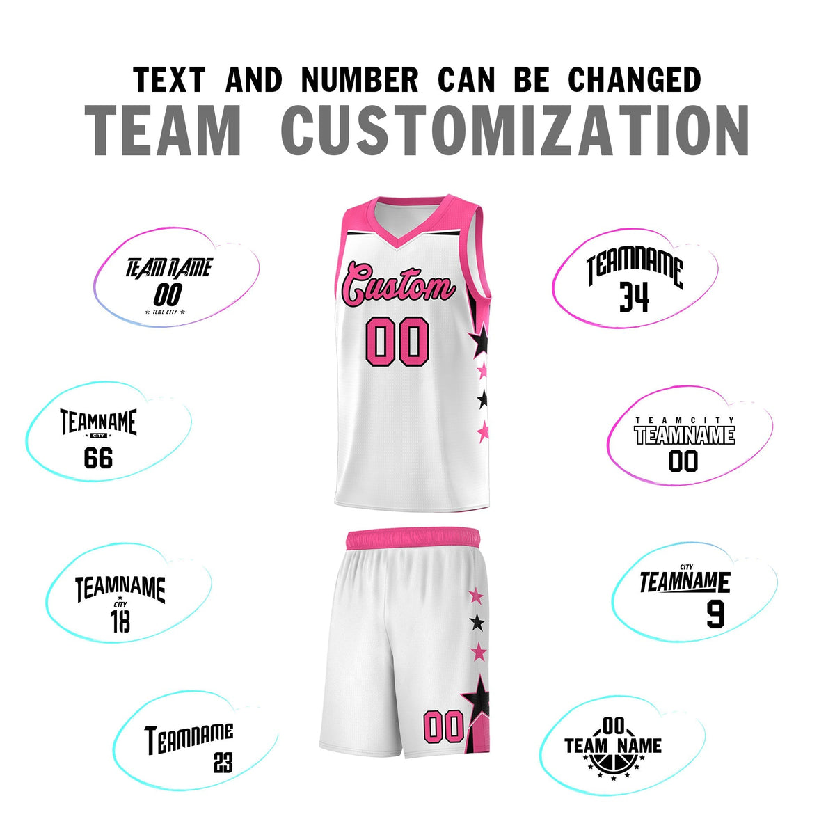 Custom Youth Basketball Uniform White Pink Two Tone Side Star Color Block Team Jersey