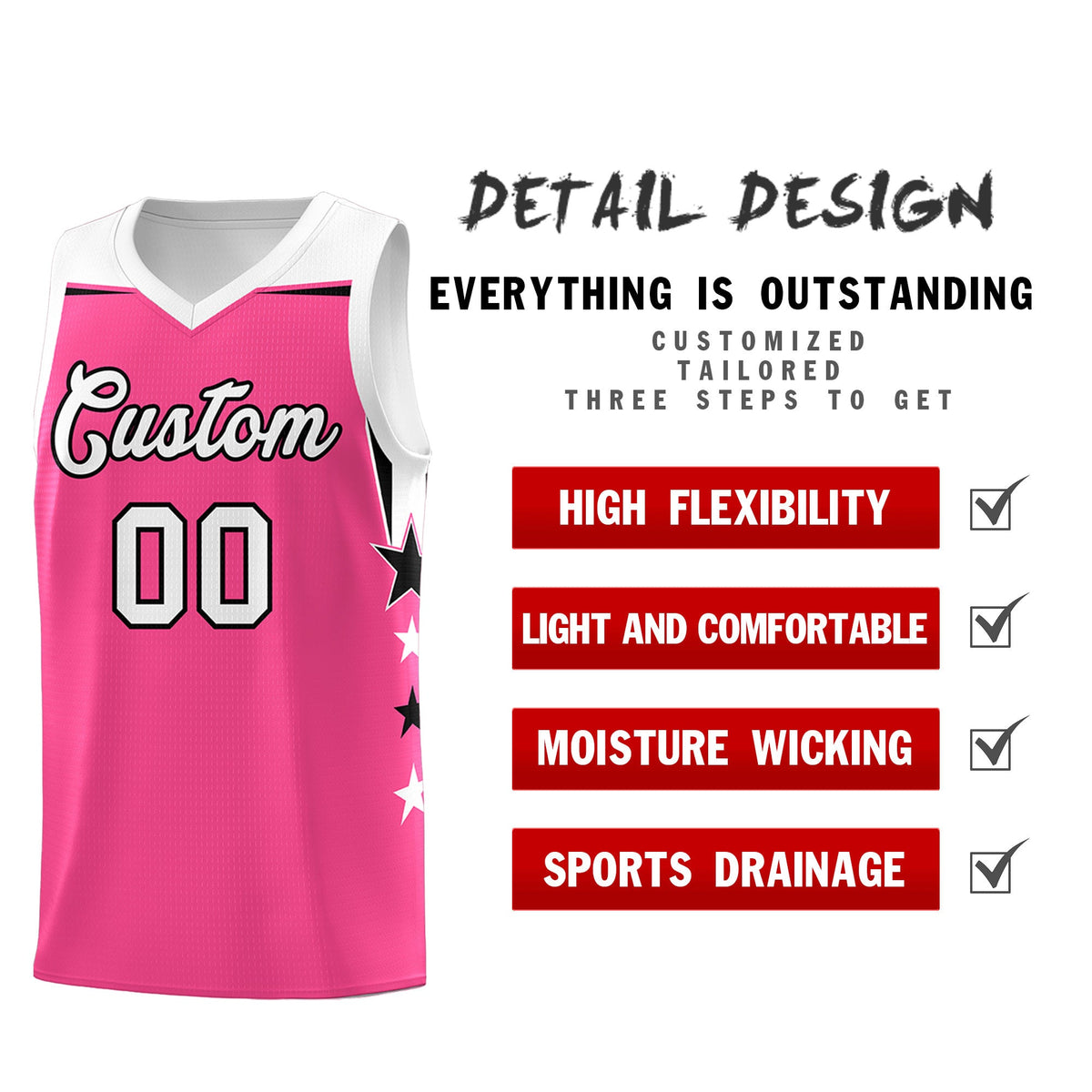 Custom Youth Basketball Uniform Pink White Two Tone Side Star Add Name Number &amp; Logo