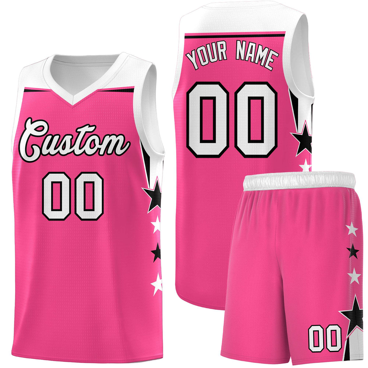 Custom Youth Basketball Uniform Pink White Two Tone Side Star Add Name Number &amp; Logo