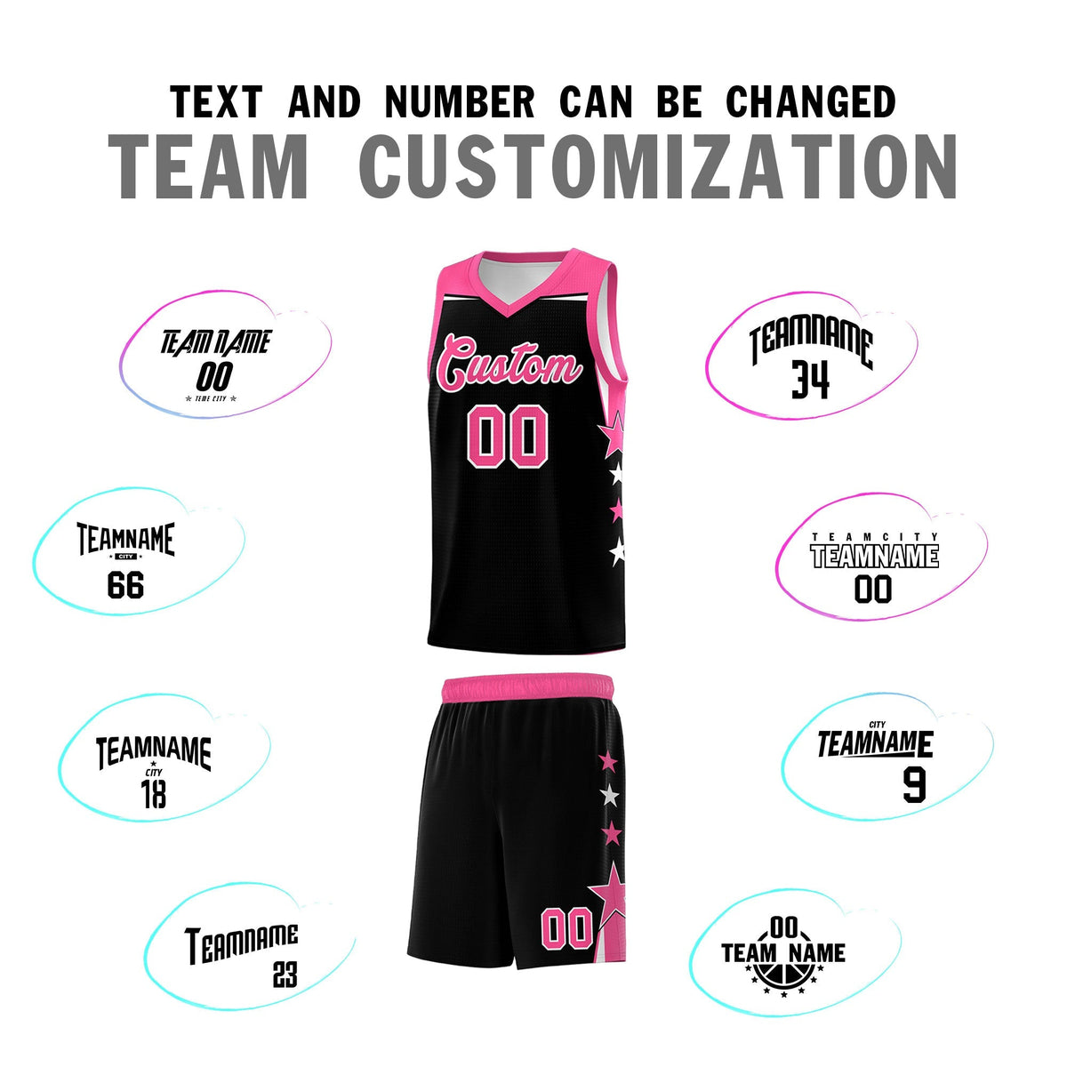 Custom Youth Basketball Uniform Black Pink Two Tone Side Star Personalized Team Jersey