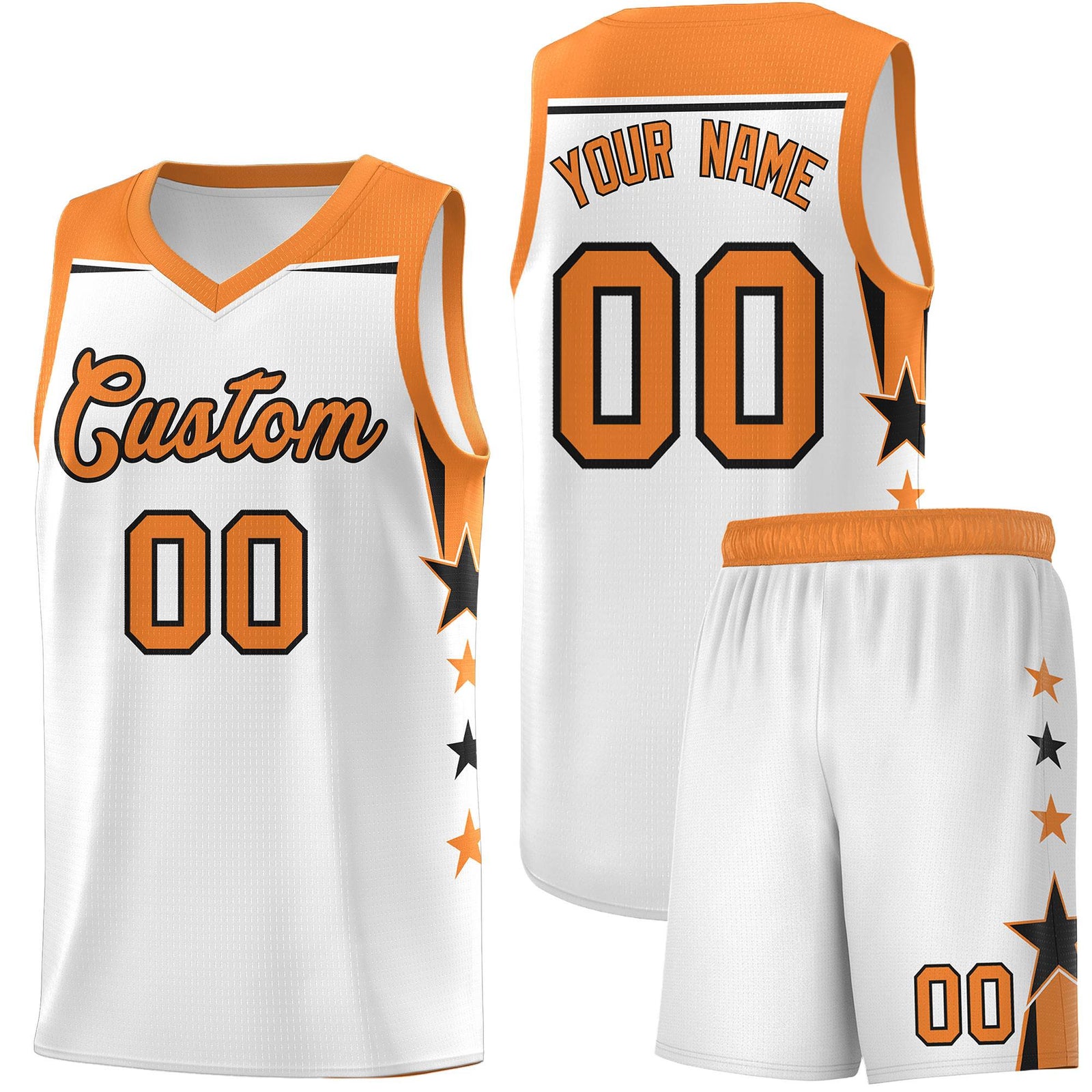 Custom Youth Basketball Uniform White Gold Orange Two Tone Side Star Color Block Team Jersey