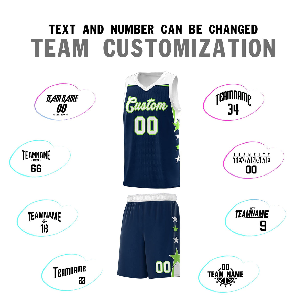 Custom Youth Basketball Uniform Navy White Two Tone Side Star Add Name Number &amp; Logo