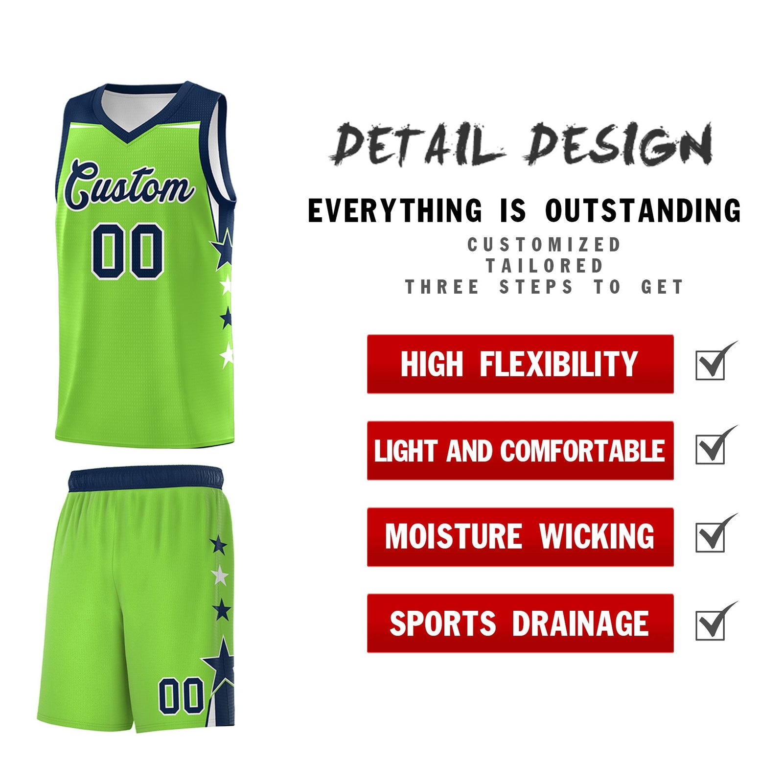 Custom Youth Basketball Uniform Fluorescent Green Navy Two Tone Side Star Personalized Team Jersey