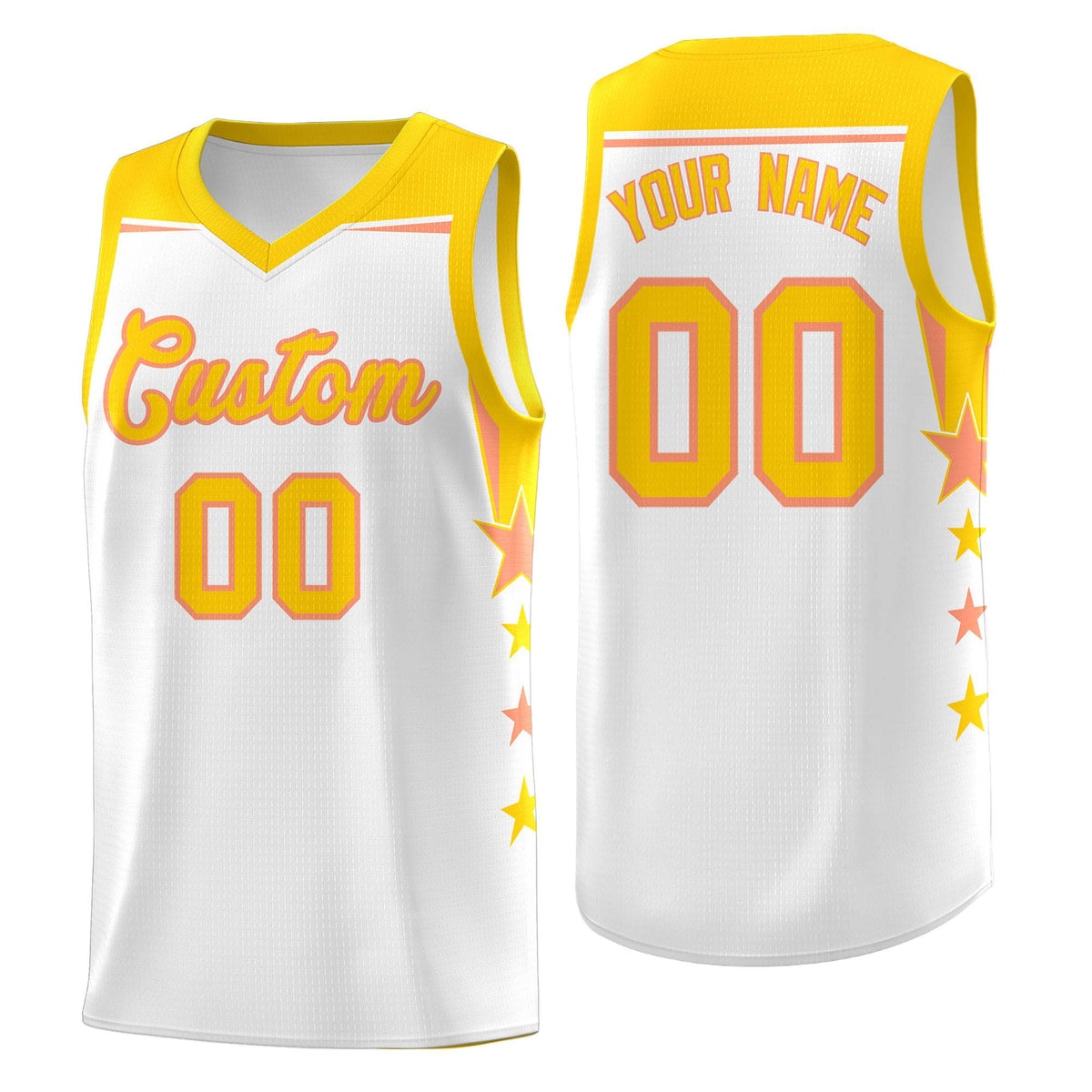 Custom Youth Basketball Uniform White Gold Two Tone Side Star Add Name Number &amp; Logo